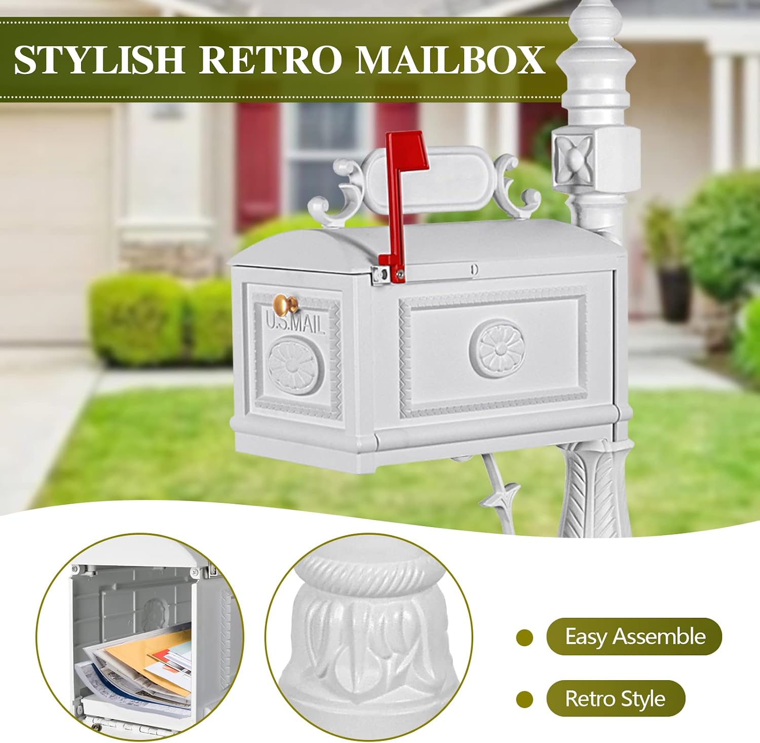 Polar Aurora Barcelona Decorative Post Mailbox Combination Stratford Heavy Duty Postal Mail Box Cast Aluminum(White)