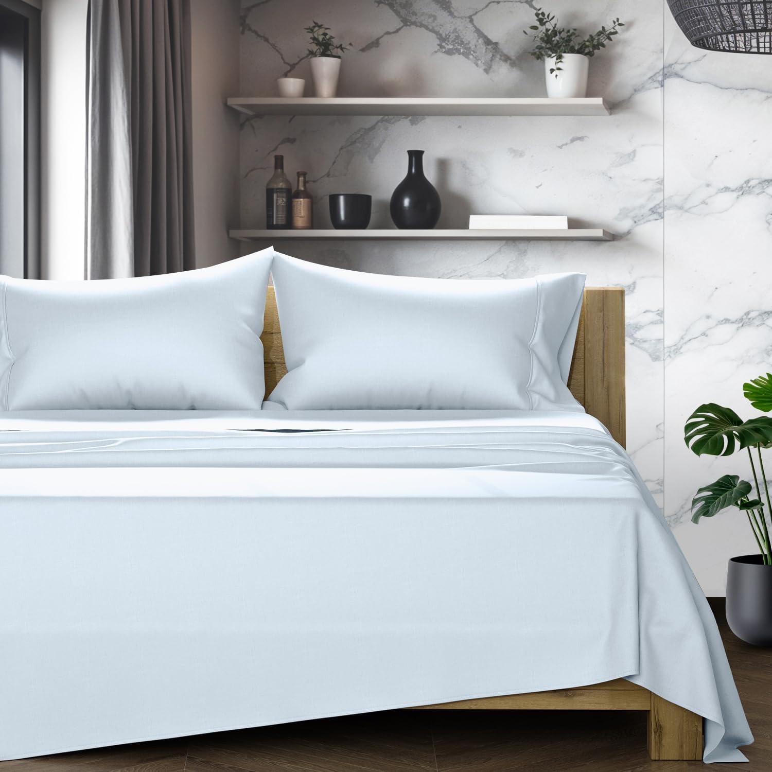 TEXAS LINEN CO. 100% Egyptian Cotton Bed Sheets Full Size - Luxury 1200 Series Star Sleepin' Collection Sheets Full Size Bed Set (4 PC, Light Blue), 17' Deep Pocket, Cooling Sateen Hotel Bedding Set