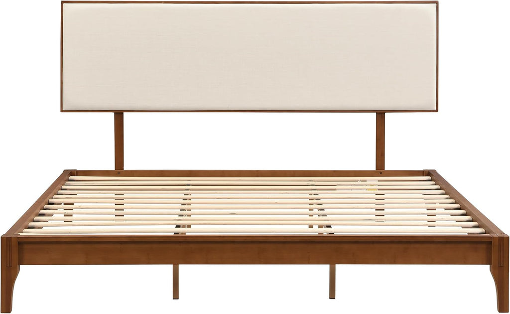 Merax King Size Bamboo Platform Bed, Mid-Century Modern Bed Frame with Upholstered Adjustable Headboard, Wood Slat Support, No Box Spring Needed, Easy Tool-Free Assembly, Brown+Beige