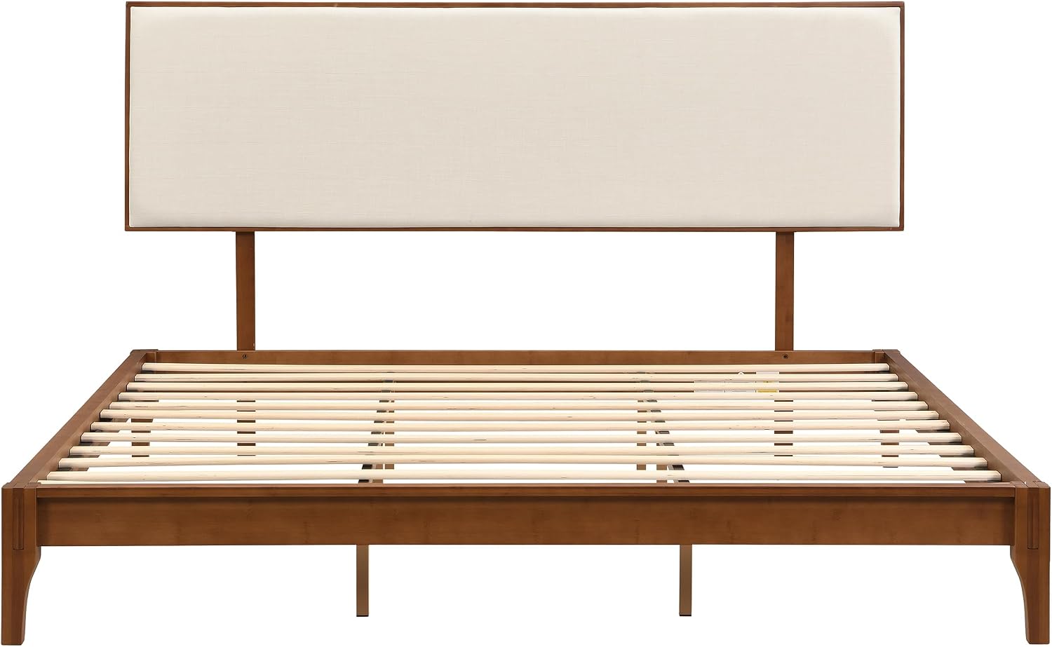 Merax King Size Bamboo Platform Bed, Mid-Century Modern Bed Frame with Upholstered Adjustable Headboard, Wood Slat Support, No Box Spring Needed, Easy Tool-Free Assembly, Brown+Beige