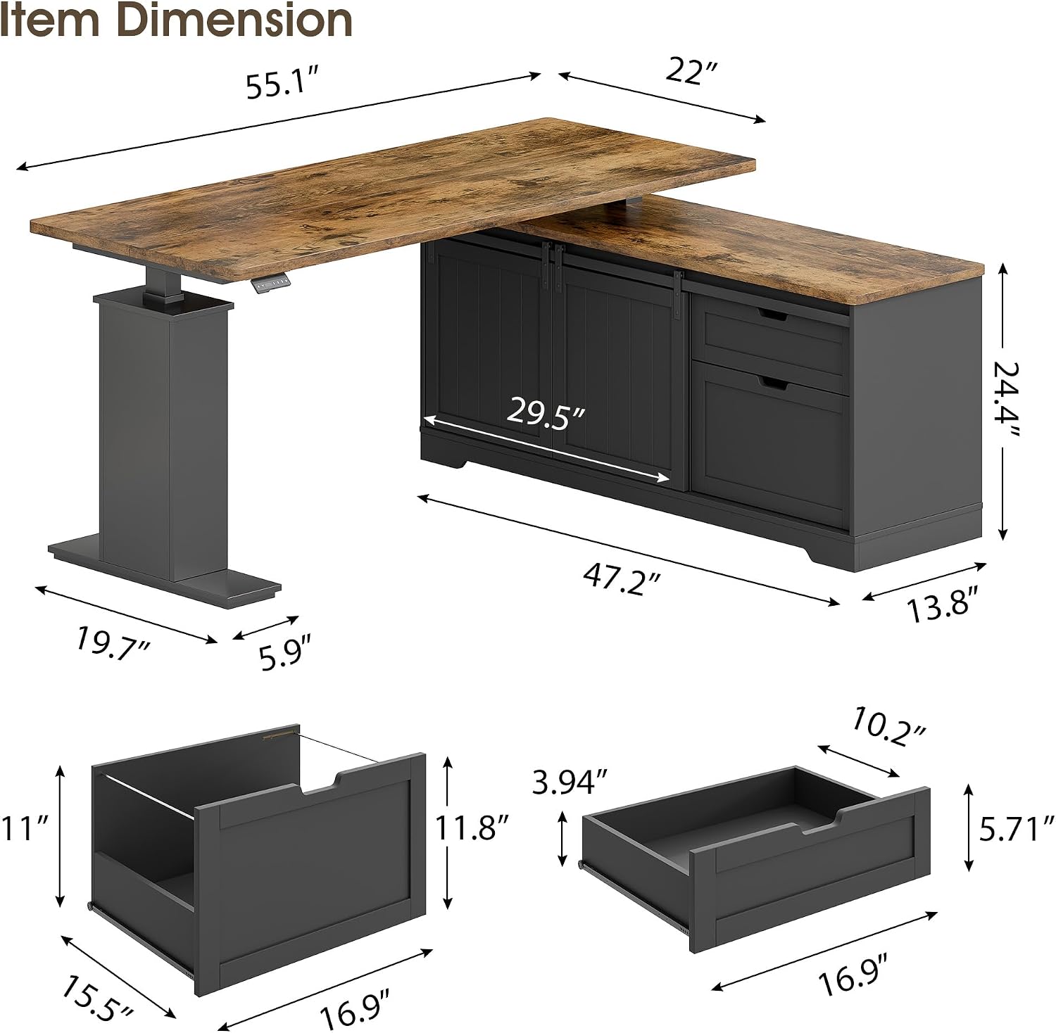 Whalefall L Shaped Standing Desk with Drawers, Height Adjustable Farmhouse Executive Computer Desk, Corner Desk with Cable Management and File Storage for Home Office, Black