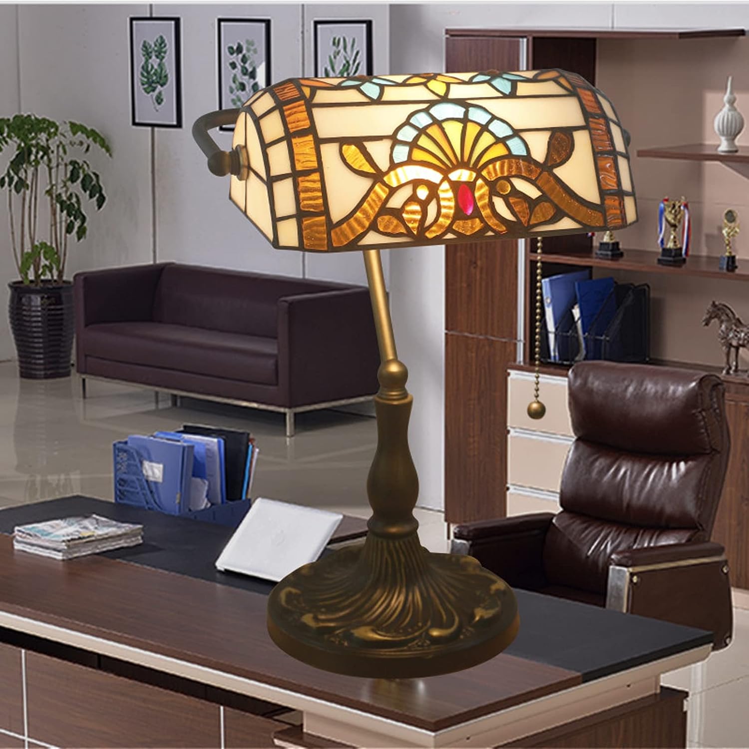 Tiffany Style Bankers Table Lamp Stained Glass Piano Desk Lamp Vintage Bedroom Bedside Lamp for Study,Antique Alloy Base,Zipper Switch,Green Baroque a