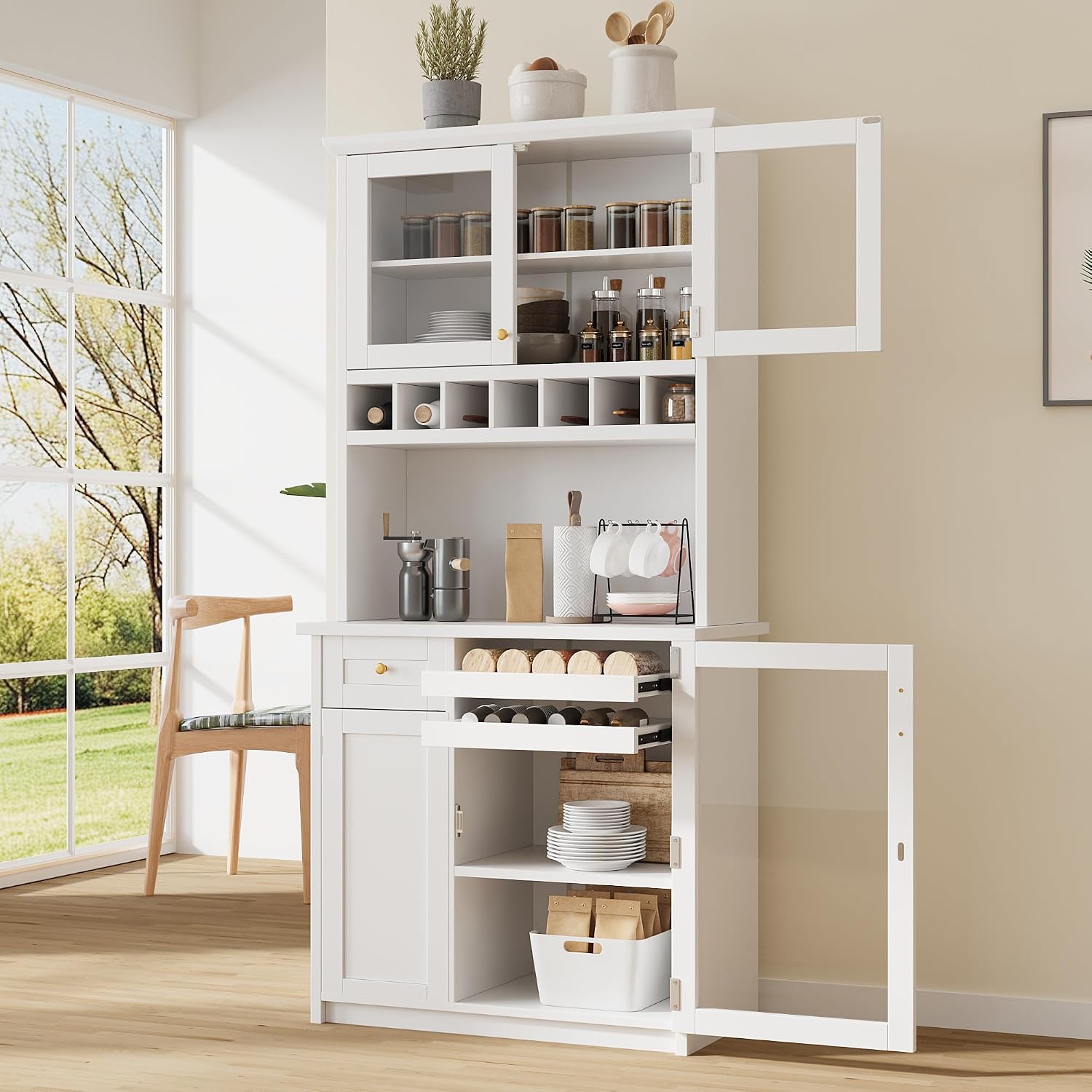 Modern 74.8 inch Tall Kitchen Pantry, Freestanding Buffet with Hutch, Kitchen Pantry Storage Cabinet with Wine Rack and Adjustable Shelves for Dining Room (White//1)