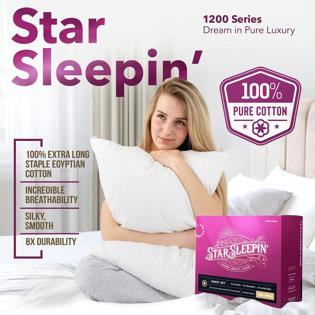 TEXAS LINEN CO. 100% Egyptian Cotton Sheets California King Size Bed Set - Luxury 1200 Series Star Sleepin' Collection Cal King Sheet Set (4 PC, Light Blue), Cooling, Sateen, 17' Deep Pocket Bedsheet