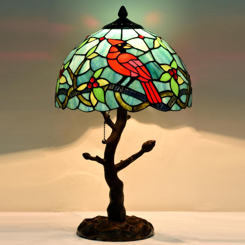 TL0035 Tiffany Style Stained Glass Table Lamp, Cardinal Bird Desk Lamp with Branch Base, W 12' x OH 21', Great for Home Decor & Night Lighting, LED Bulb Included (Red Cardinal)