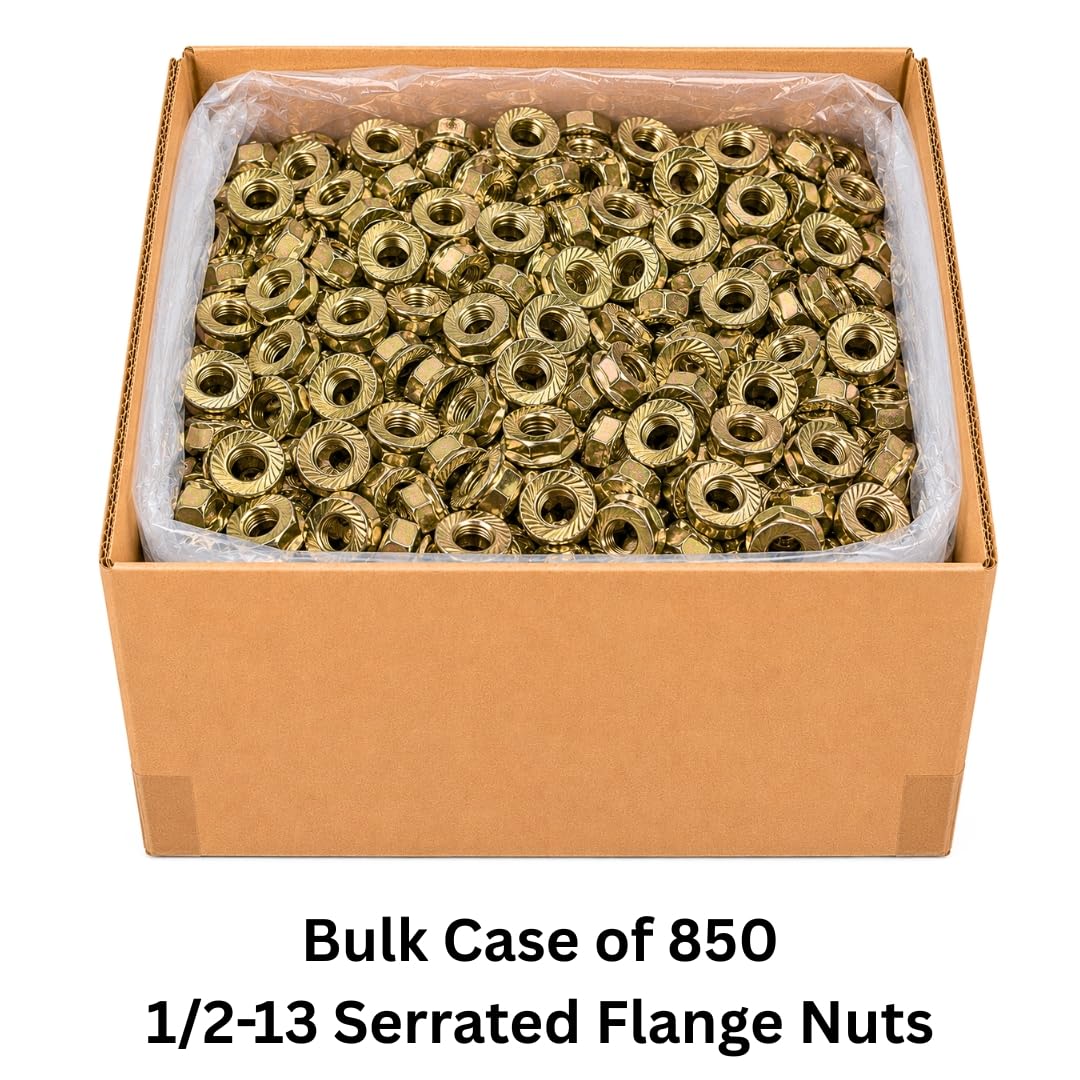 1/2-13 Serrated Flange Nuts (850 Case) – Grade 8 Mechanical Locking Nuts Coarse Thread for Vibration & Shock Where Nylon Can't Be Used SAE J995 0.5'