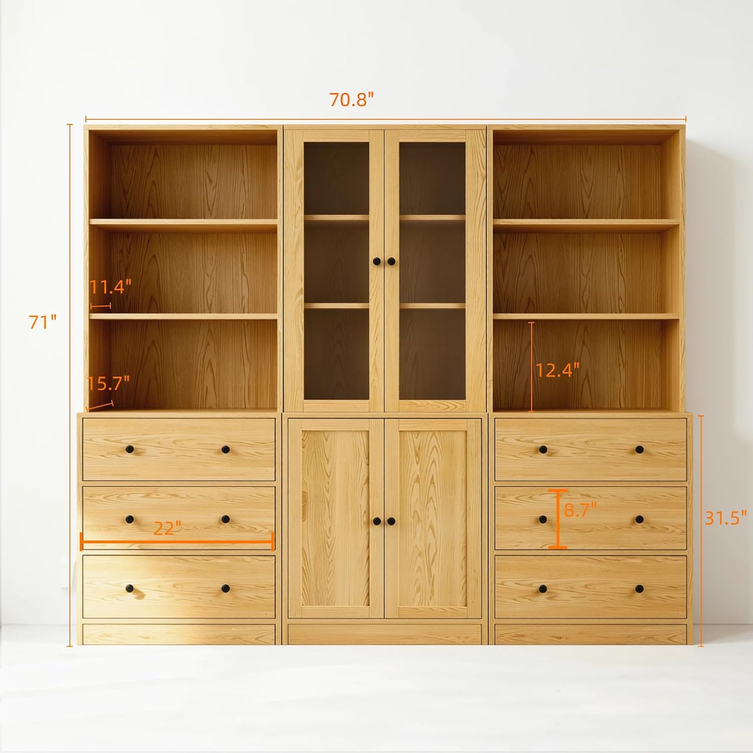 TUSY 71' H Bookshelf with Storage, 6-Tier Modern Bookshelves with 3 Large Drawer, Display Bookcase with Glass Doors, Modern 5-Tier Curio Cabinet for Home Office, Dining Room (Wood, ABA)