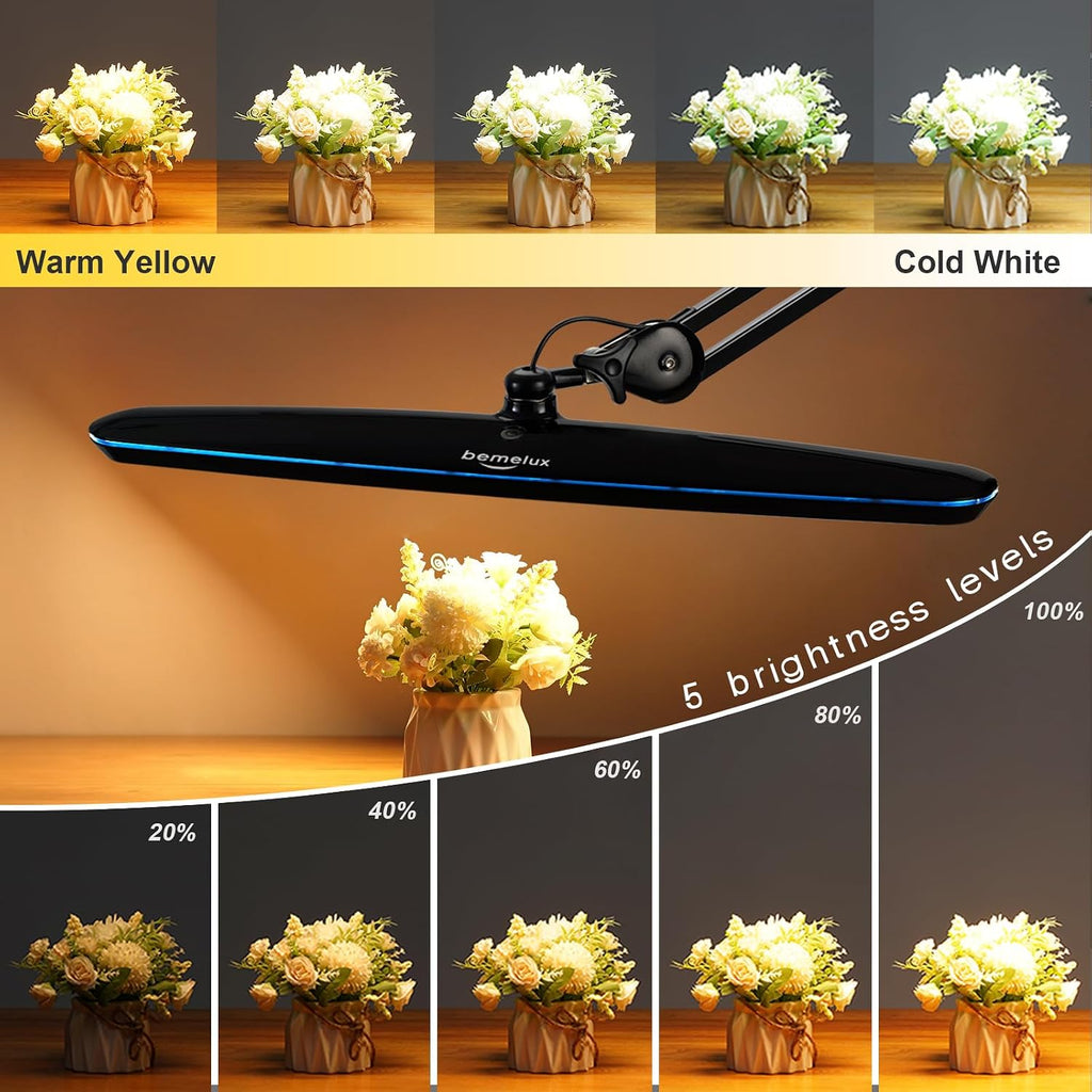 Task Lamp with Clamp, 23 Inch Lamp Head, Bright 182PCS LEDs,3 Color Temperatures, 4 Brightness Levels, Metal Swing Arm 20W 2200 Lumen Dimmable Led Desk Lamp (Black, CCT)