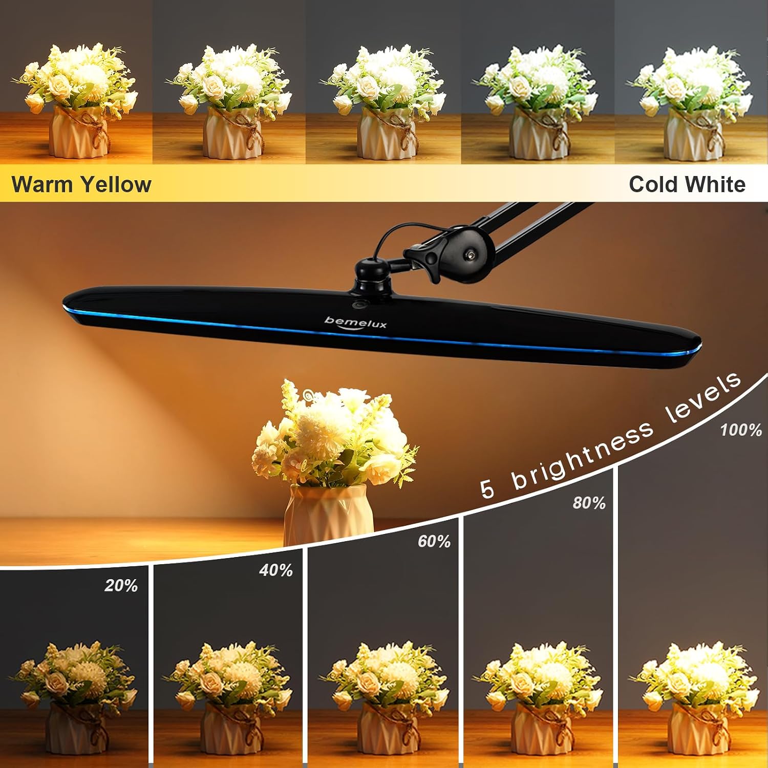 Task Lamp with Clamp, 23 Inch Lamp Head, Bright 182PCS LEDs,3 Color Temperatures, 4 Brightness Levels, Metal Swing Arm 20W 2200 Lumen Dimmable Led Desk Lamp (Black, CCT)