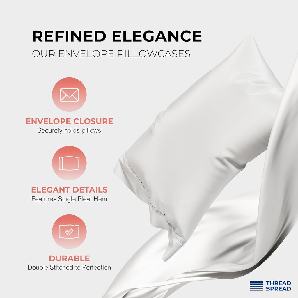 THREAD SPREAD 100% Egyptian Cotton Queen Size Sheet Set Pack of 2 - Luxury 1200 Series Plush Collection Egyptian Cotton Sheets Queen Size Silky Soft Cooling, Sateen 17' Deep Pocket Bedsheets - White