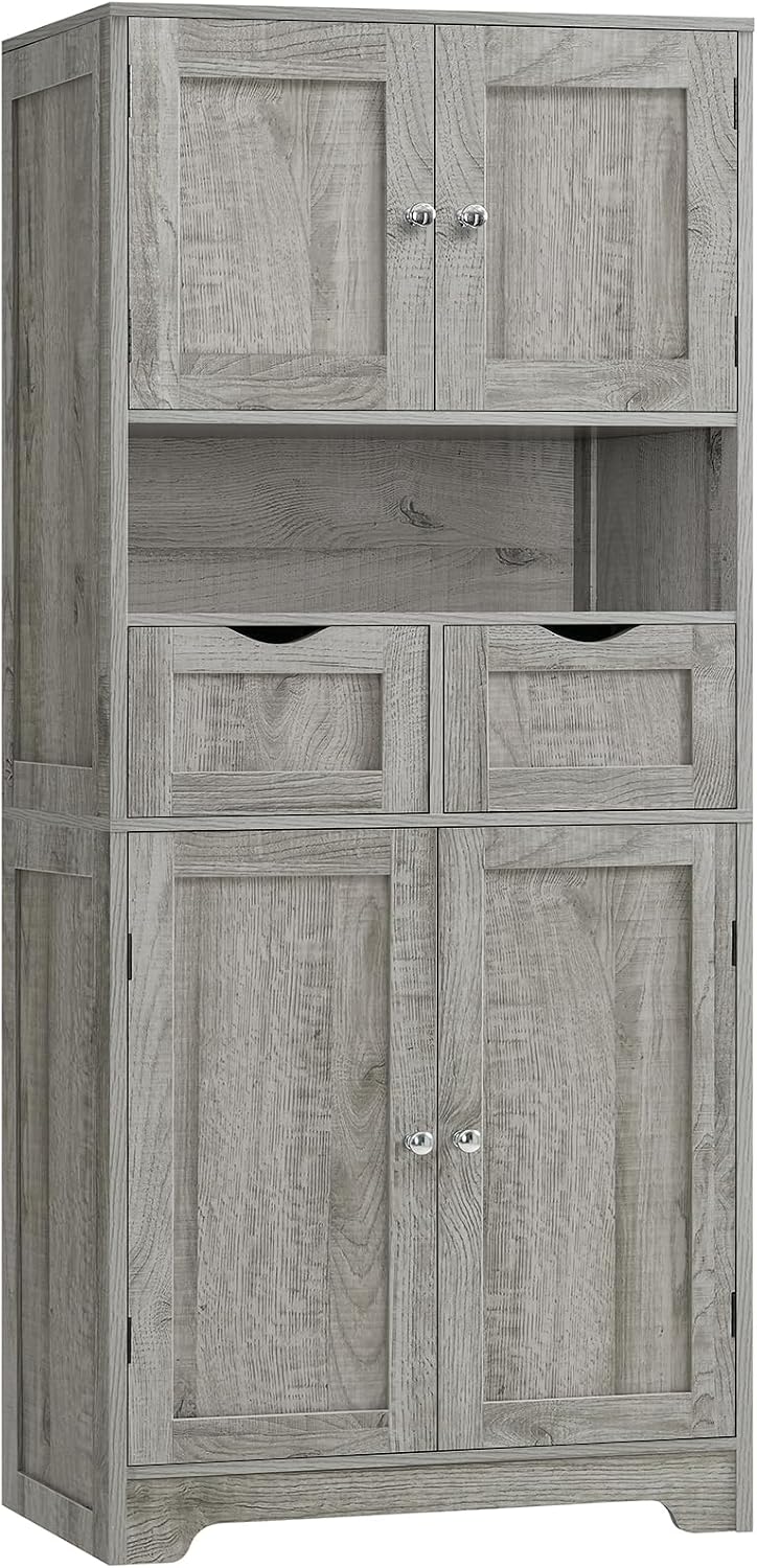 Iwell Tall Storage Cabinet with Adjustable Shelf, Bathroom Cabinet with 2 Drawers, Linen Cabinet for Living Room, Grey