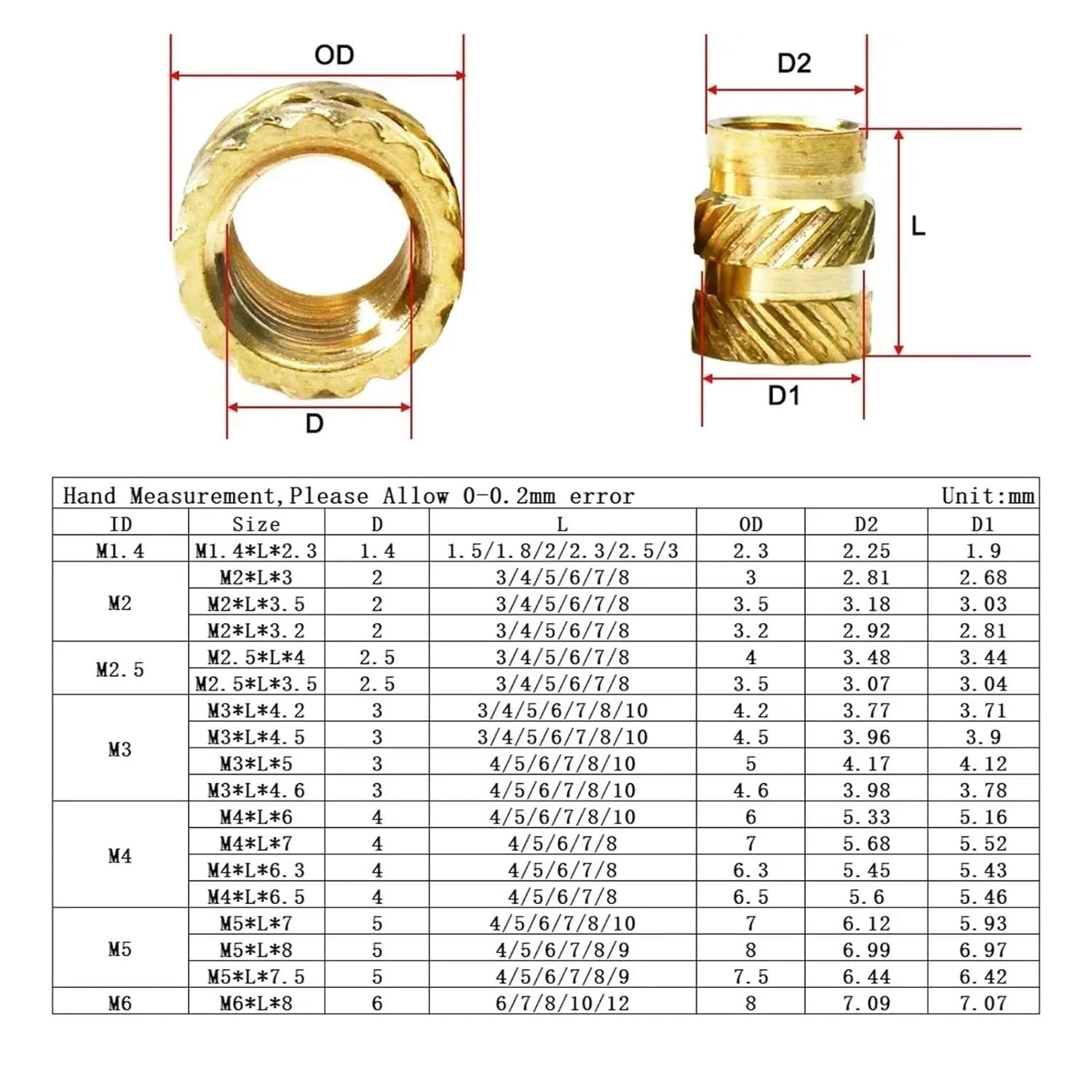 Brass Knurled Nuts,Threaded Inserts, 500Pcs M3 M4 Threaded Insert Nut Brass Knurled Hot Melt Heat Press Nutsert Embedded Copper Insertnut for Printer(Length 8mm,M3(OD5mm))