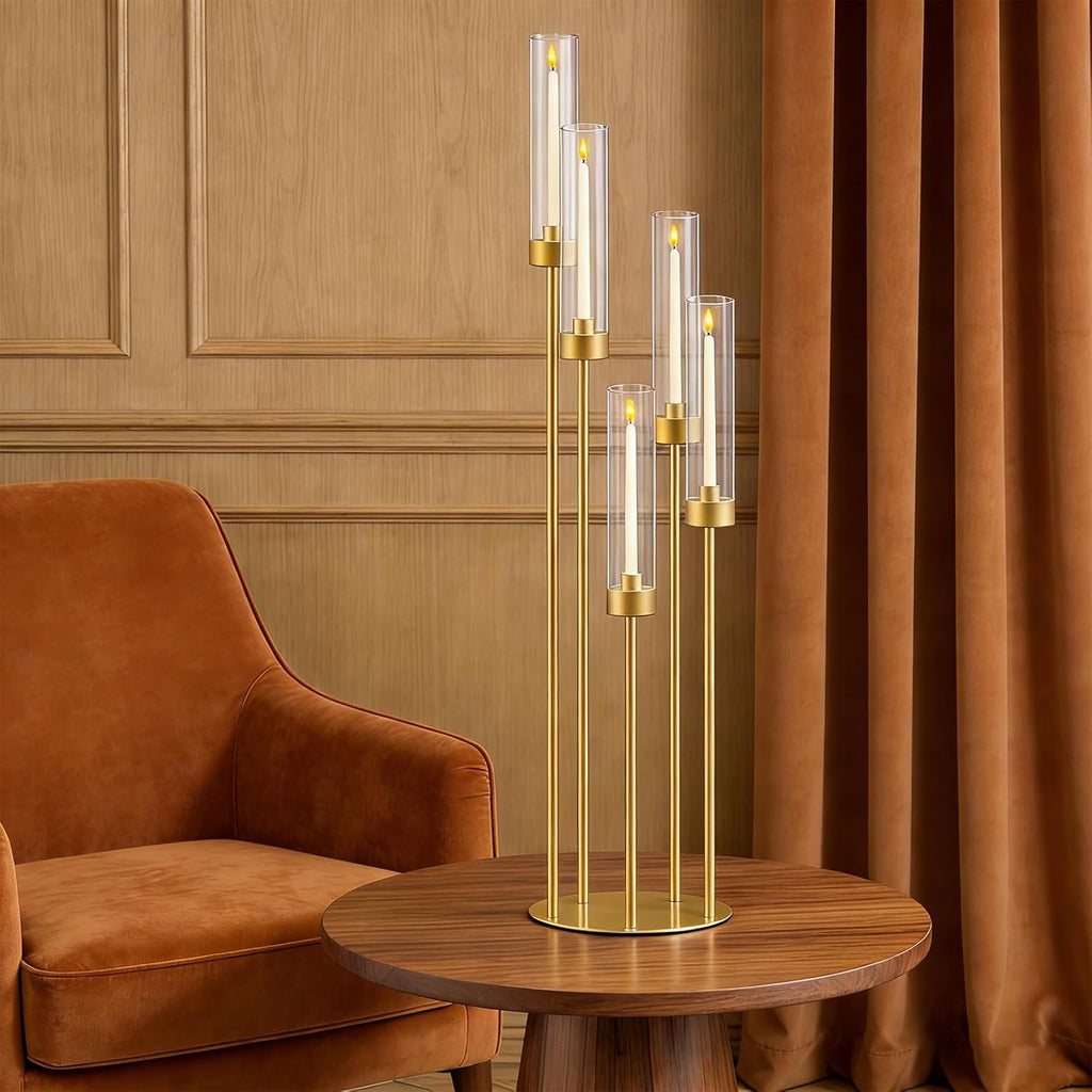 35in 8 Set Gold Candelabra Candle Centerpieces for Tables Candlesticks Holder Wedding Centerpieces Table Decorations Acrylic lampshade Fit 0.9' LED Candle