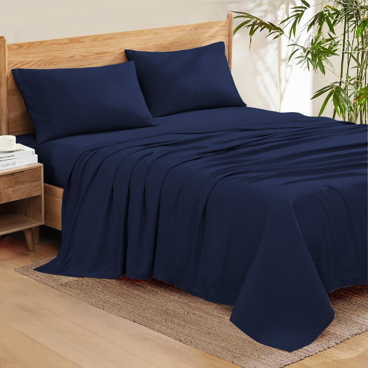 1000 Series- Extra Long Staple 100% Egyptian Cotton Sheet Set,Sateen Weave, Hotel Quality Soft Luxury Bedding, Queen Size 4 Piece Sheet Set Fit 15' Inch to 18' Deep Navy Blue Solid.