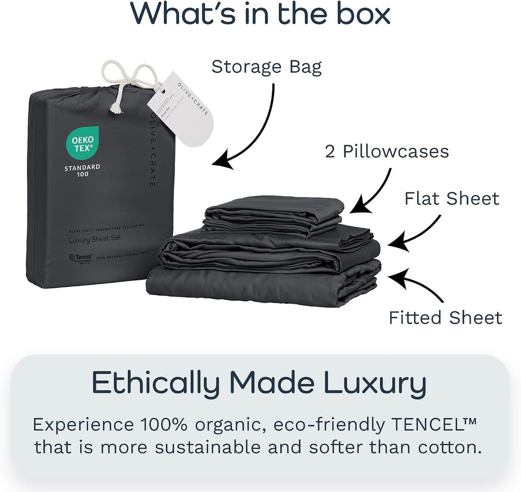 Olive + Crate Tencel Lyocell Eucalyptus Queen Size Sheet Set - Cooling Tencel Sheets for Hot Sleepers with 18 Inch Deep Pocket Fit - Charcoal 4-Piece Set