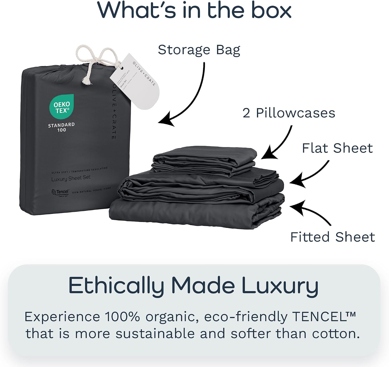 Olive + Crate Tencel Lyocell Eucalyptus Queen Size Sheet Set - Cooling Tencel Sheets for Hot Sleepers with 18 Inch Deep Pocket Fit - Charcoal 4-Piece Set
