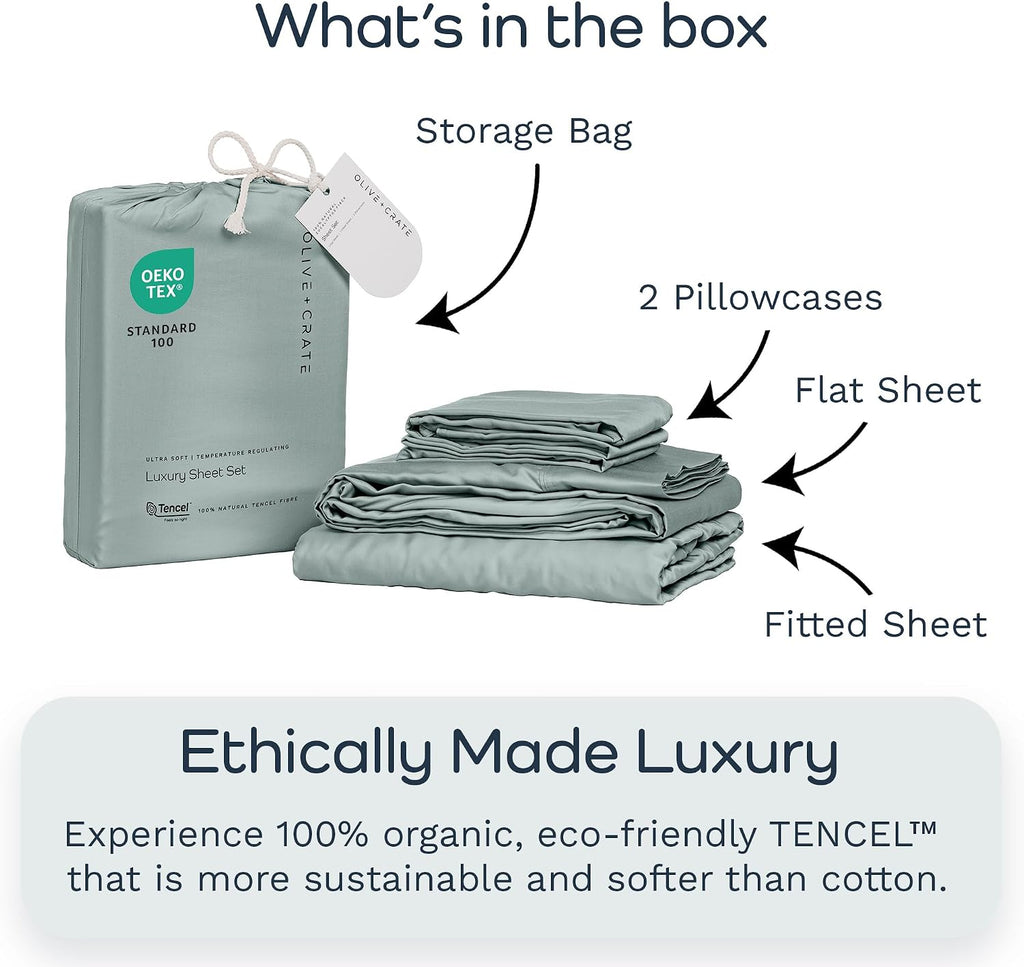 Olive + Crate Tencel Lyocell Eucalyptus Queen Size Sheet Set - Cooling Tencel Sheets for Hot Sleepers with 18 Inch Deep Pocket Fit - Eucalyptus 4-Piece Set