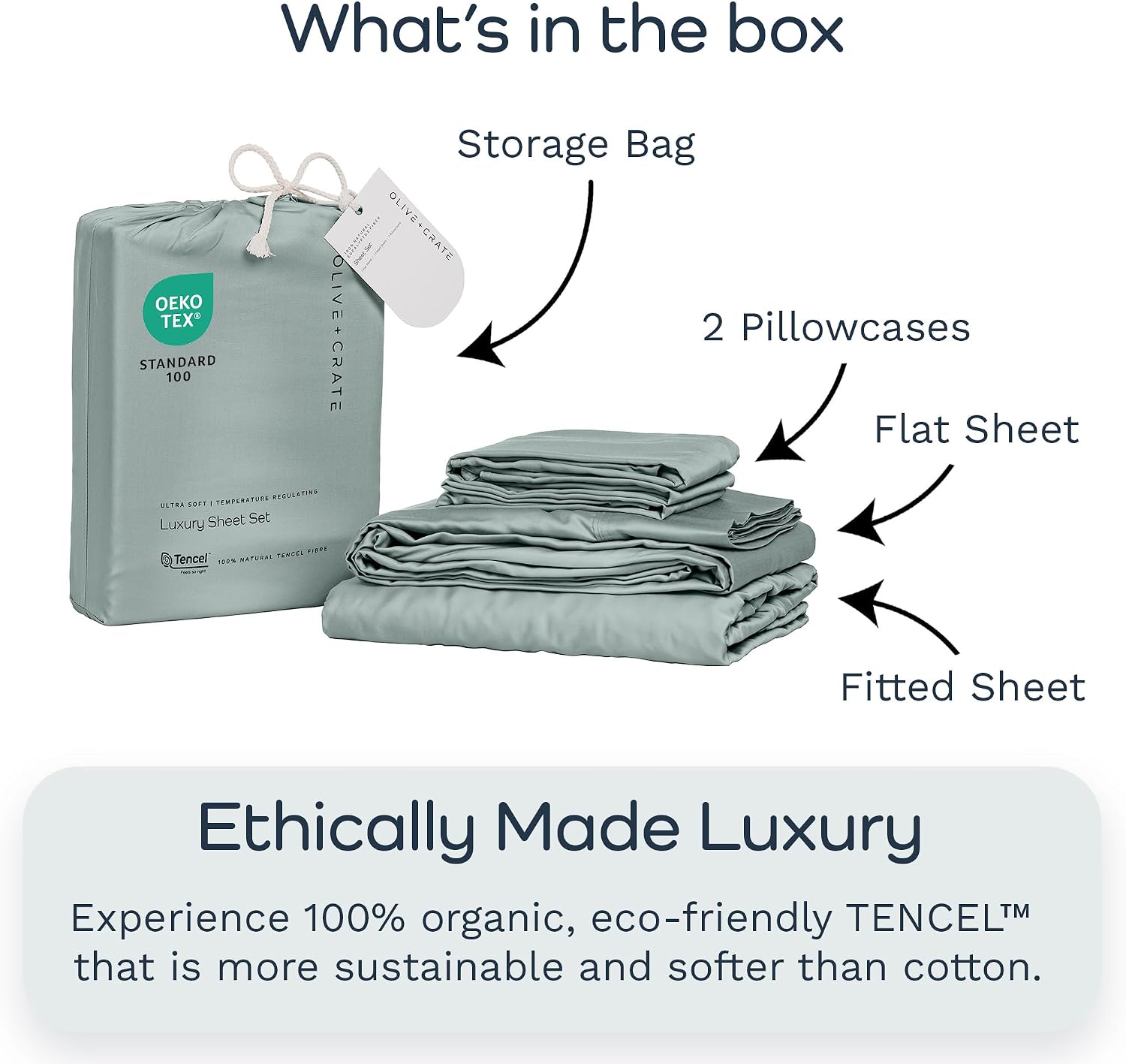 Olive + Crate Tencel Lyocell Eucalyptus Queen Size Sheet Set - Cooling Tencel Sheets for Hot Sleepers with 18 Inch Deep Pocket Fit - Eucalyptus 4-Piece Set