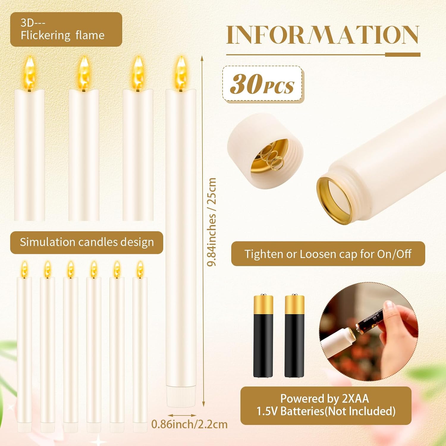 FillTouch 60 Pcs Gold Candlestick Holders with LED Flameless Candles Bulk Includes 30 Metal Candle Holders and 30 Battery Operated Candles for Wedding Table Centerpieces Home Decor (Ivory)