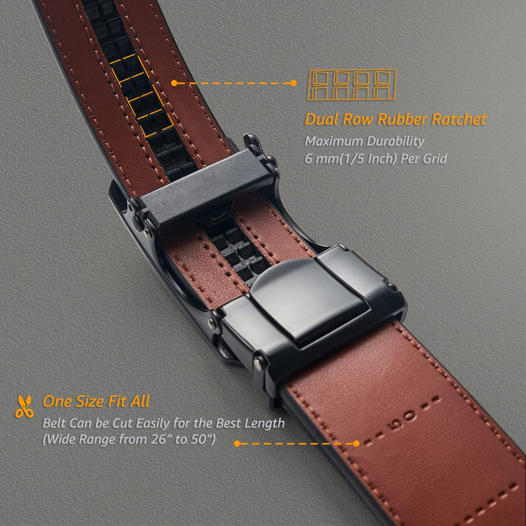 Ratchet Belt for Men, Genuine Leather Adjustable Click Dress Belt with Slide Buckle, Trim to Fit, Gift Box Included