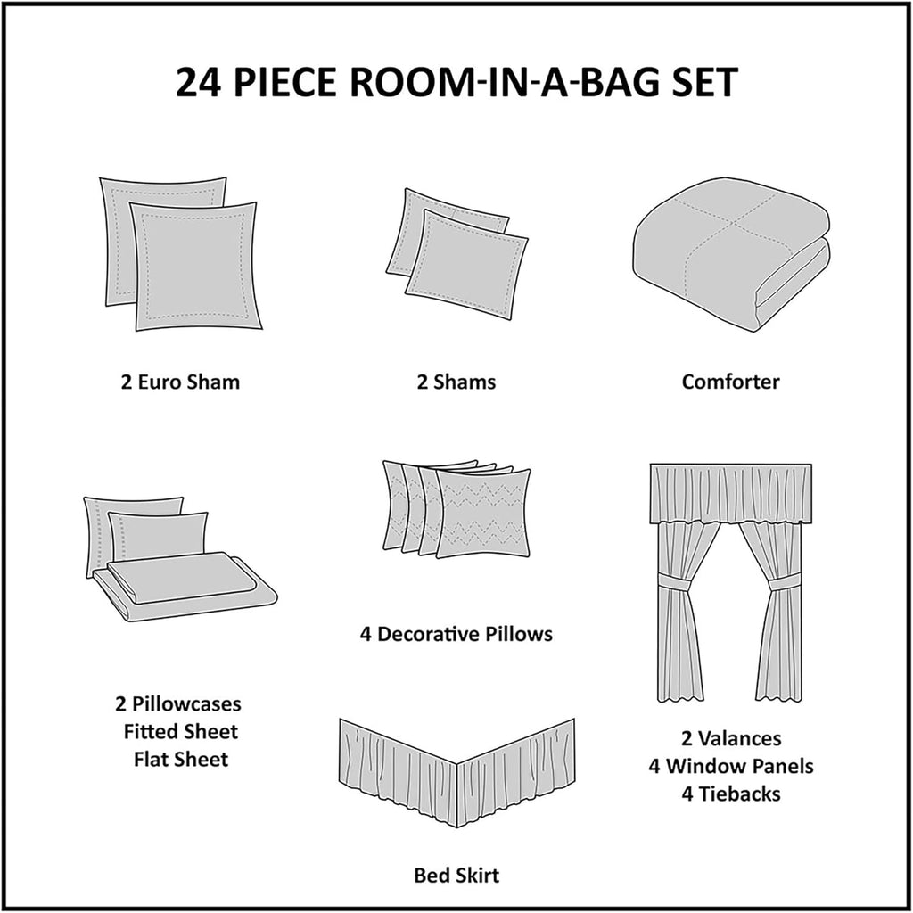 Madison Park Essentials Brystol 24 Piece Room in a Bag Faux Silk Comforter Jacquard Paisley Design Matching Curtains Down Alternative All Season Bedding-Set, King(104 in x 92 in), Navy 24 Piece