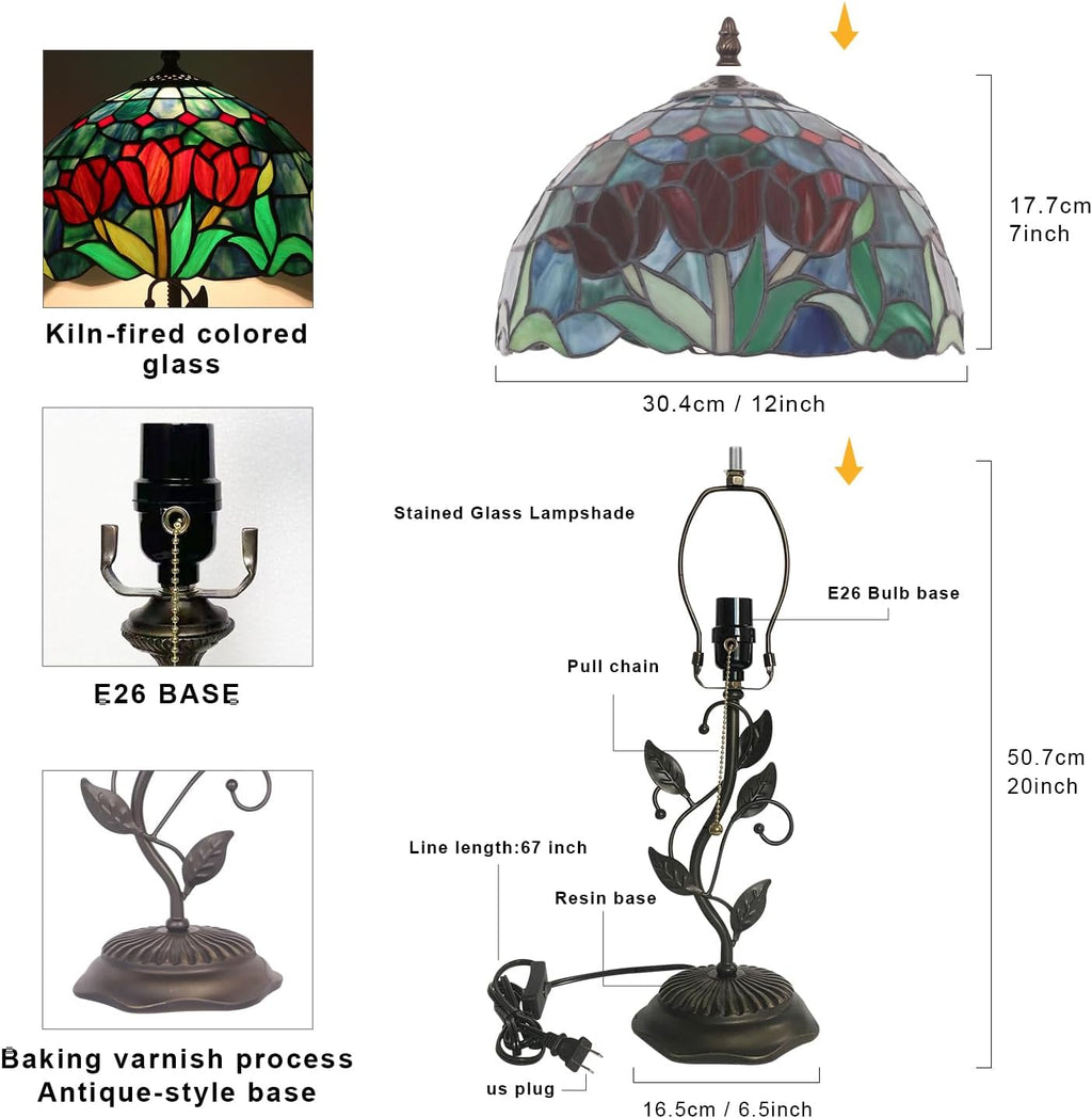 Tiffany Table Lamp, Stained Glass Tulip Design, with Metal Leaf Base, 12x12x19 Inch for Bedroom, Living Room, Home, Office