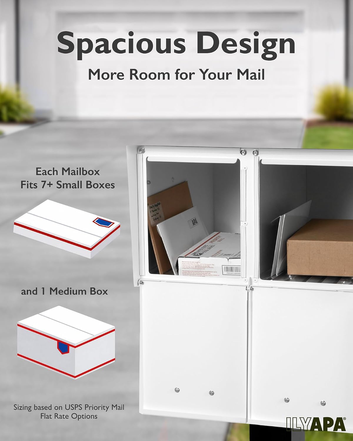 Ilyapa White Double Mailbox, Post Mount Mailboxes for Outside- Two Sided Mail Box for 2 Houses with Standard Single Mounting, Door Numbering Kit, Outdoor All Weather with Magnetic Doors