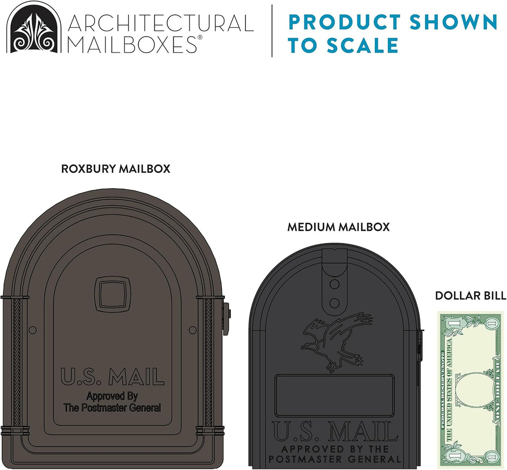Architectural Mailboxes Roxbury™ Weather-Resistant Steel Metal Mailbox for outside with Post, Rubbed Bronze, Medium Curbside Mailbox with Magnetic Latch, USPS Approved for Residential Delivery