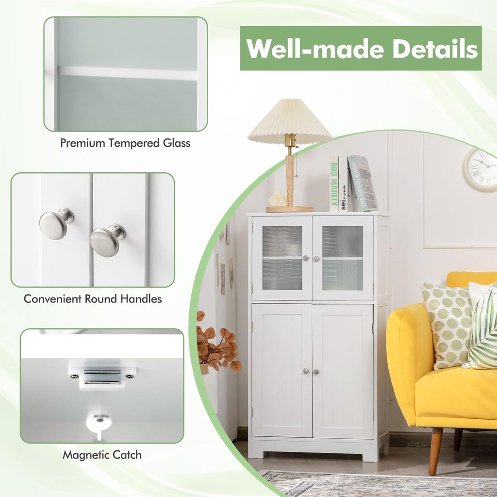 Giantex Storage Cabinet with Doors - Bathroom Floor Cabinet, Freestanding Tall Cabinet w/ 2 Tempered Glass Doors, Adjustable Shelf, Kitchen Cupboard Storage Organizer for Hallway Living Room (White)