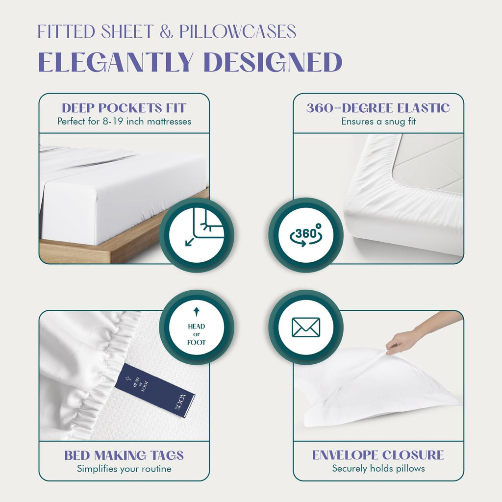XOOX Linen 100% Egyptian Cotton King Size Sheets Set - Luxury 1500 Thread Count Egyptian Cotton Bed Sheets King Size, Soft, Cooling, Sateen Weave 17' Deep Pocket Bed Set (4 PC, White)