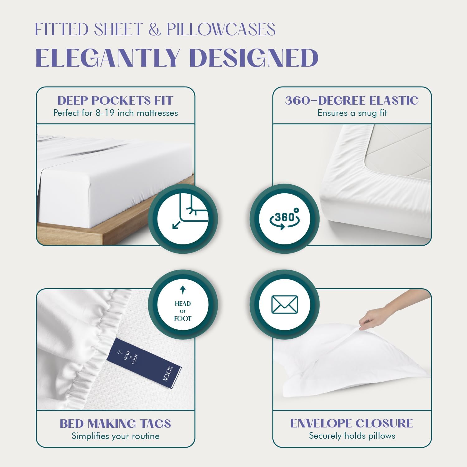 XOOX Linen 100% Egyptian Cotton King Size Sheets Set - Luxury 1500 Thread Count Egyptian Cotton Bed Sheets King Size, Soft, Cooling, Sateen Weave 17' Deep Pocket Bed Set (4 PC, White)
