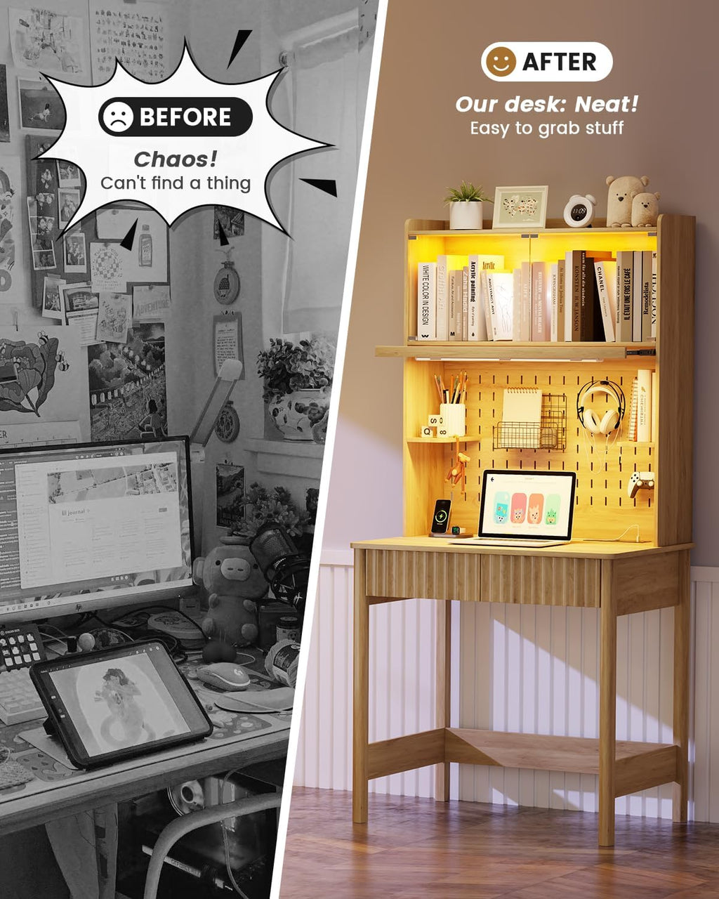 HNEBC Natural Computer Desk - with Power Outlets & Chariging Station,Small Writing Desk with Hutch and Drawers,66.3''H Office Desk with Pull-Out LED Lights,Pop-up Glass Door,Pegboards,Bedroom
