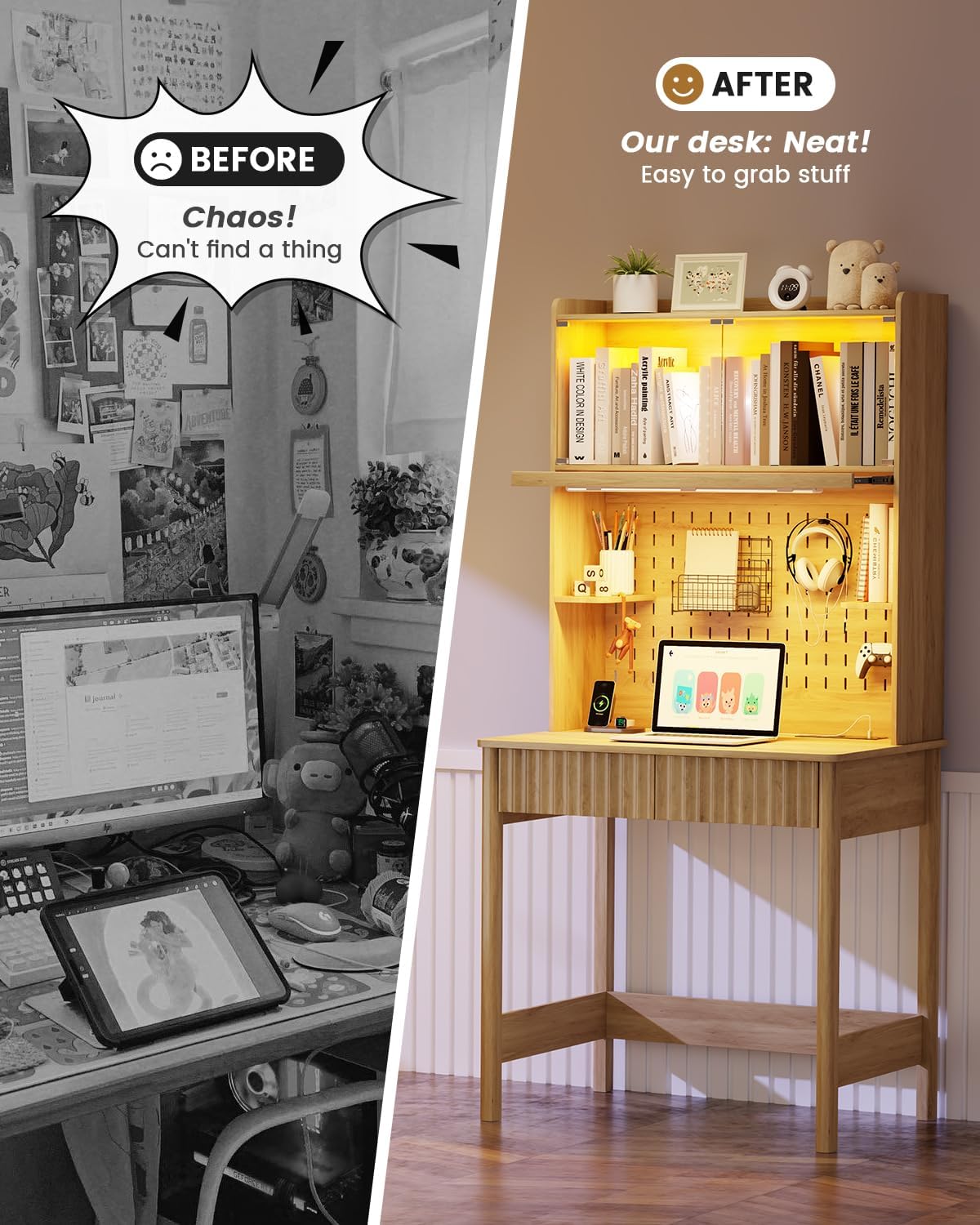 HNEBC Natural Computer Desk - with Power Outlets & Chariging Station,Small Writing Desk with Hutch and Drawers,66.3''H Office Desk with Pull-Out LED Lights,Pop-up Glass Door,Pegboards,Bedroom