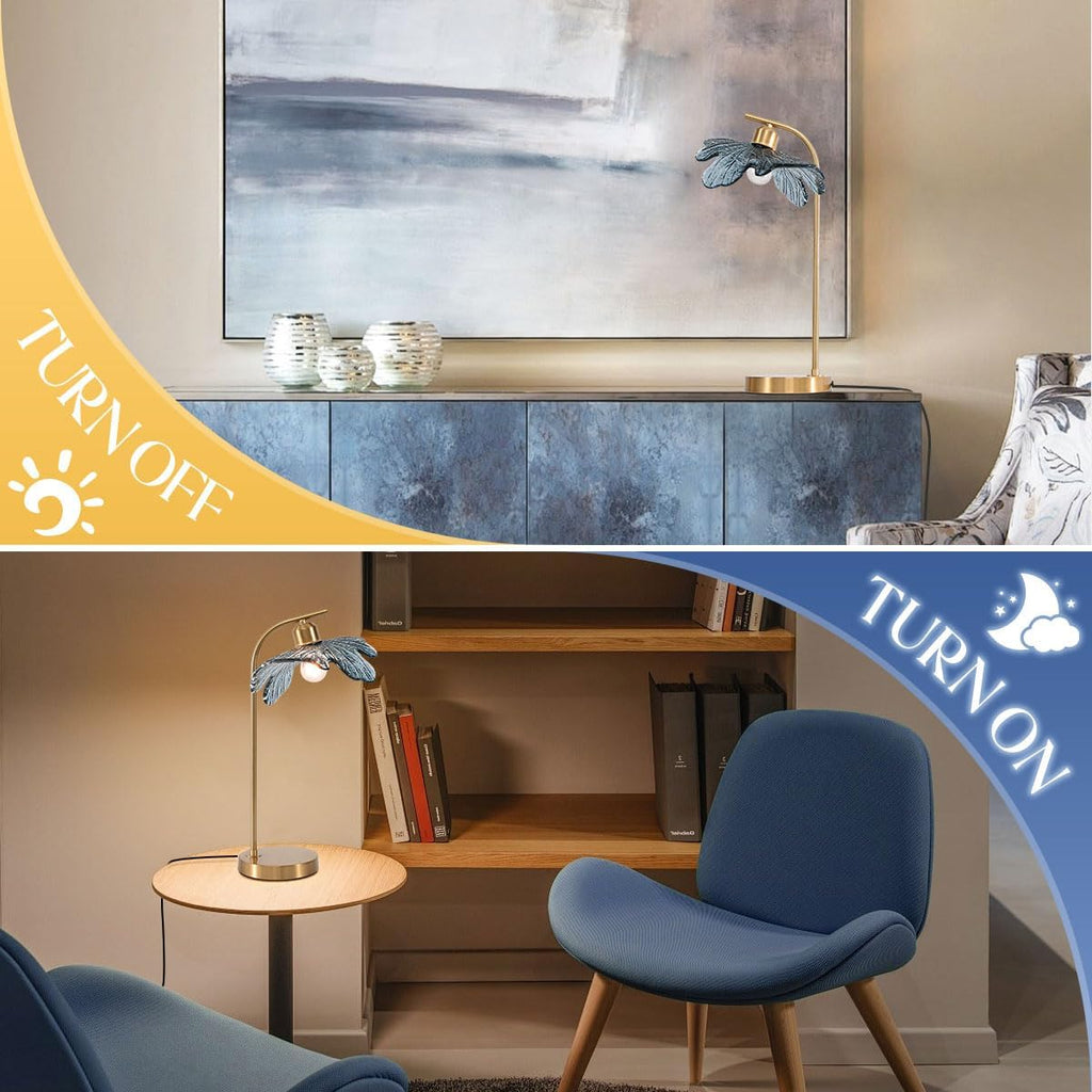 Gold Table lamp set of 2, Touch Table lamp with Blue Glass Flower Shade Mid Century Modern Lamps Bedside nightstand lamp Side Table Lamps Small Table lamp for Bedroom Living Room Office Farmhouse