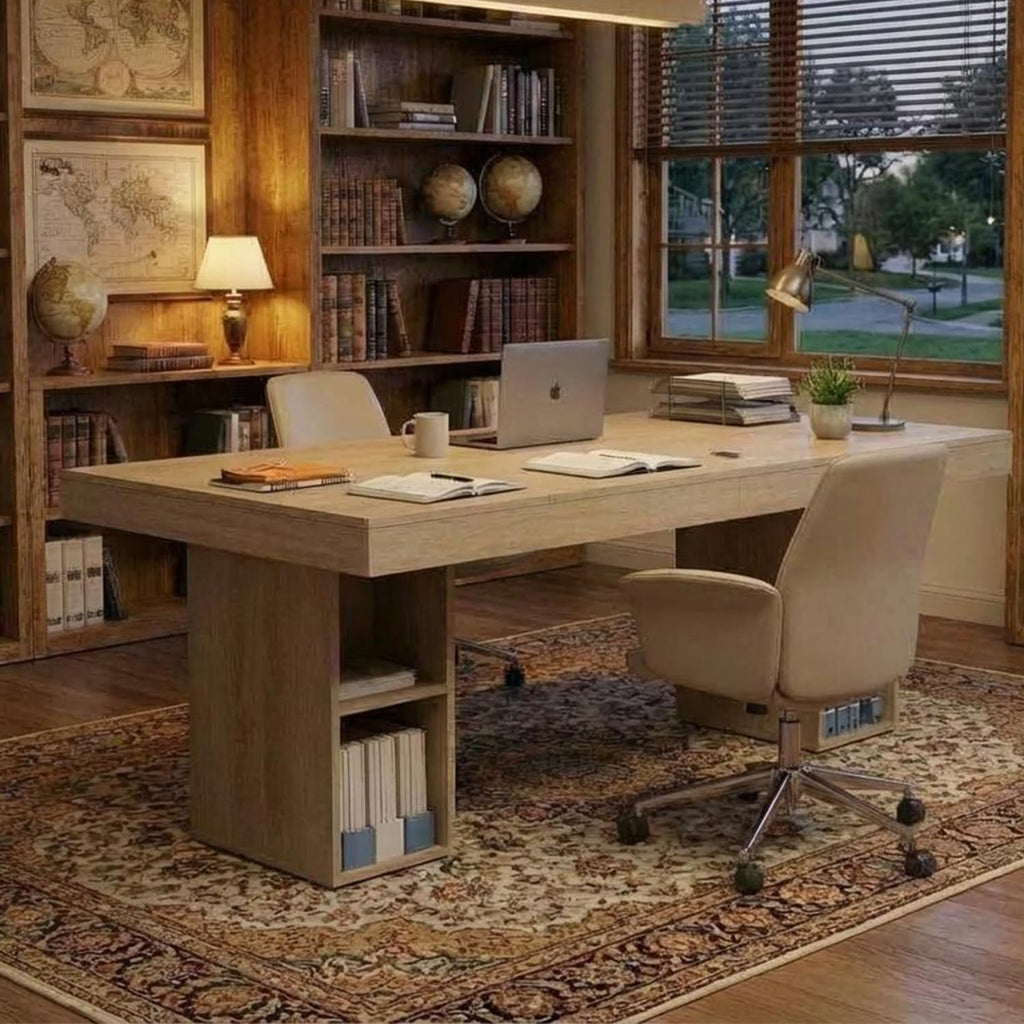 IDEALHOUSE 71' Executive Desk with Cabinet Storage, Farmhouse Home Office Desk, Wooden Computer Desk with Extra Thickened Tabletop & Metal Frame, for Work Study Writing, Oak