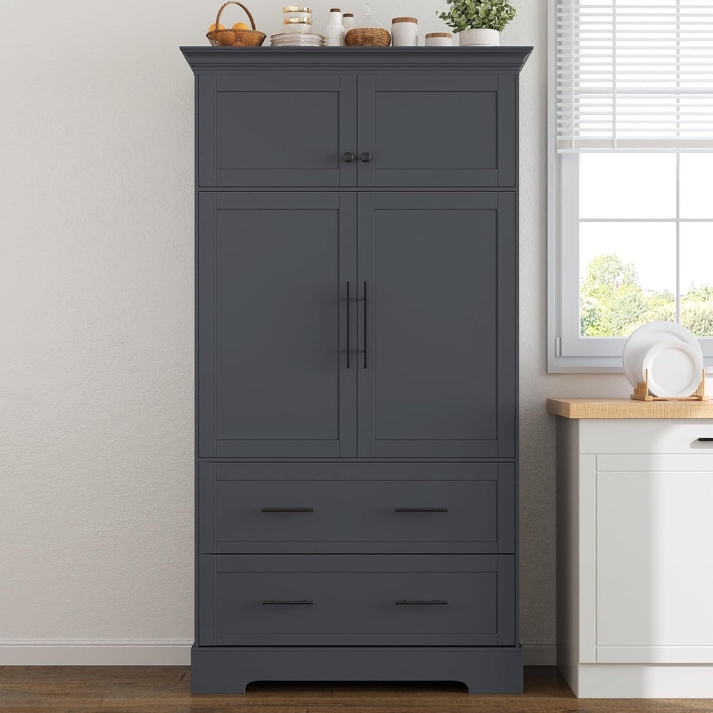 Freestanding Kitchen Pantry Storage Cabinet, 72.6''H Tall Wooden Kitchen Organizers with 2 Doors, Pull-Out Trays, 2 Drawers and Cake Pan Storage for Dining Room Living Room (Grey-1.12)
