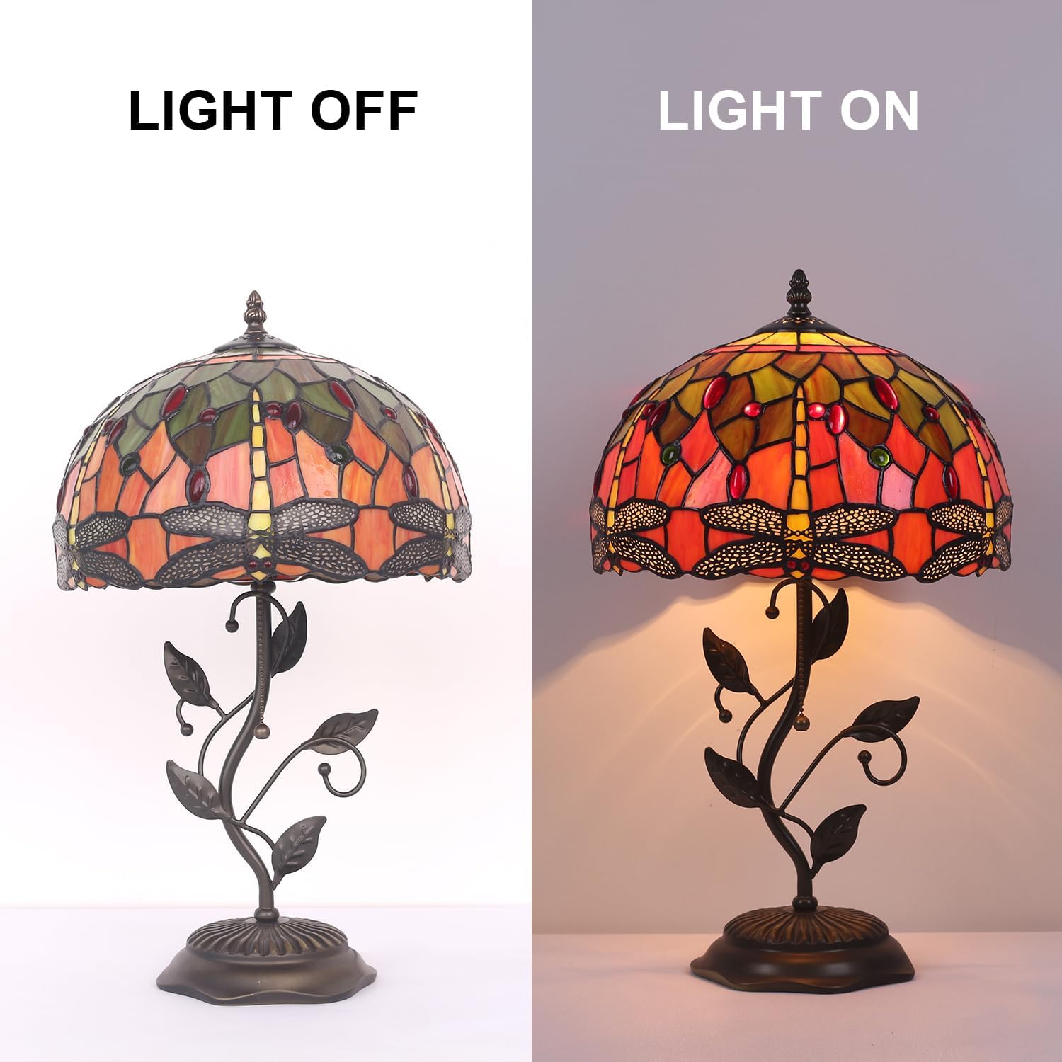 Tiffany Table Lamp, Stained Glass Lamp, 12x12x19 Inch, Metal Leaf Base Decor Lamp for Bedroom、Living Room、Home、Office (Dragonfly)