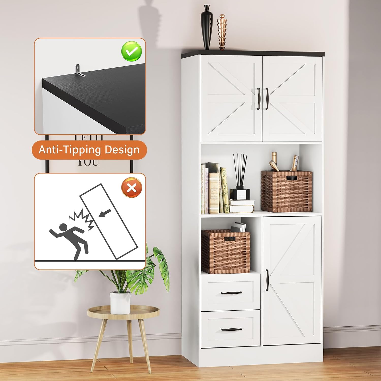 Bigbiglife Farmhouse Kitchen Pantry Cabinet with LED Lights and Power Strip, Tall Kitchen Storage Cabinet, Kitchen Hutch with Microwave Stand & Barn Doors and Drawers for Dining Room (White)