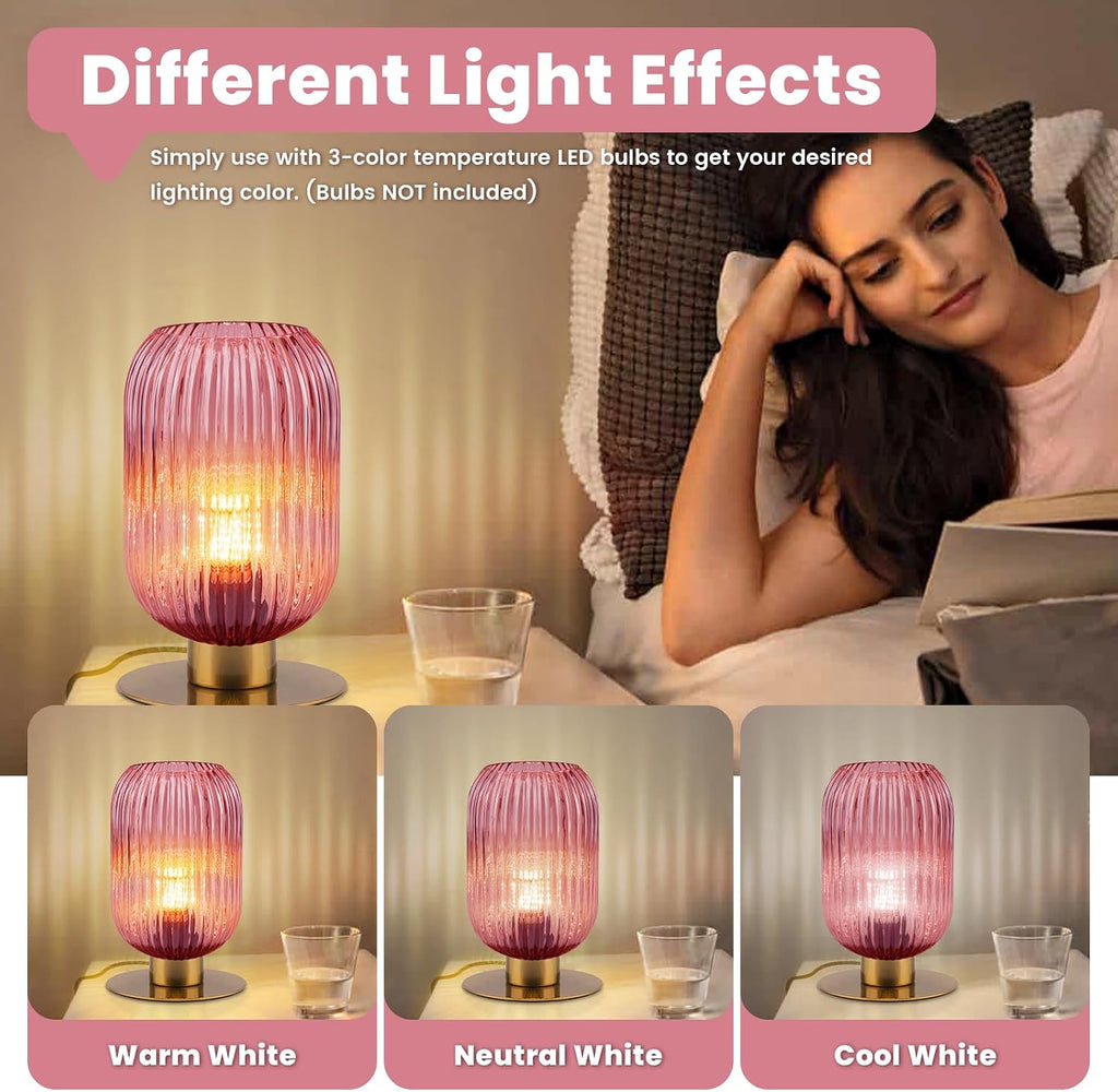 Small Table Lamps Set of 2, Mid Century Glass Desk Lamp Retro Nightstand Lamp with Gold Metal Base, Cute Bedside Lamp Pink Table Lamp for Girls Bedroom Study Room