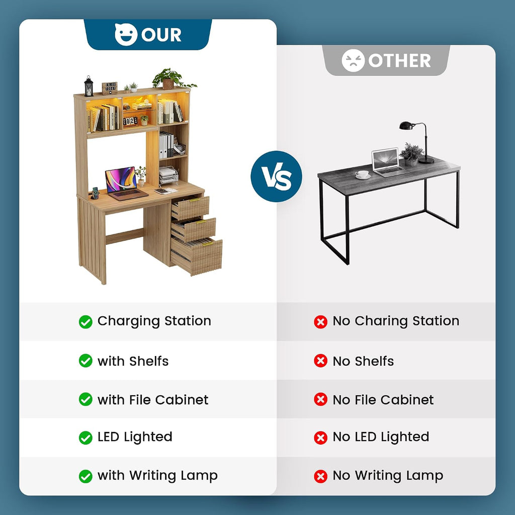 WOOVIVS Standing Desk with LED Light for Office Room, Smart Computer Desk with Hutch and Drawer for Game Room,Modern Study Table with 2AC Port Charging Station/Lamp/for Bedroom (Wood)