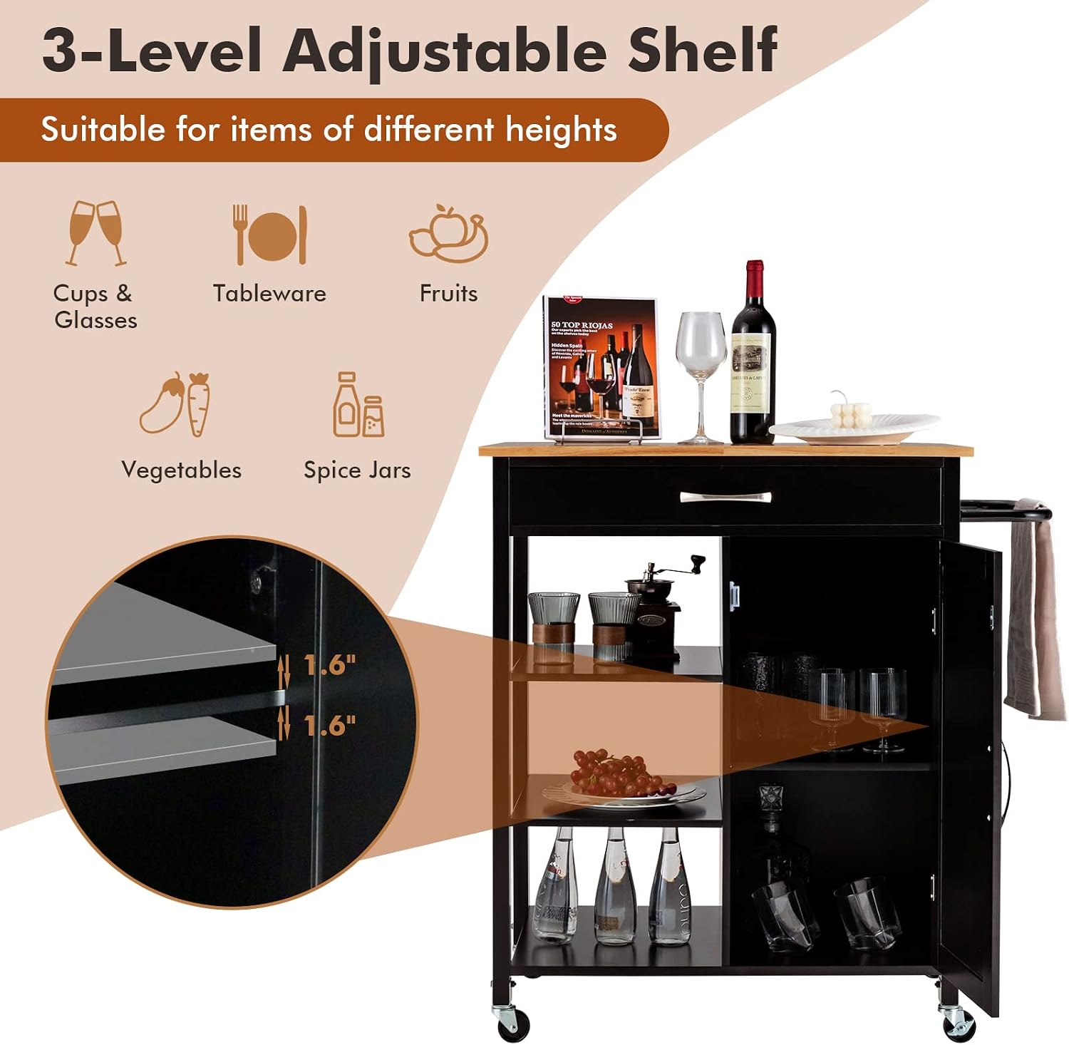 Giantex Kitchen Island - Mobile Kitchen Cart on Wheels, 1-Door Storage Cabinet, Large Drawer, 3 Tier Shelves, Rubber Wood Countertop, Towel Handle, Rolling Serving Cart for Dining Room Bar (Brown)