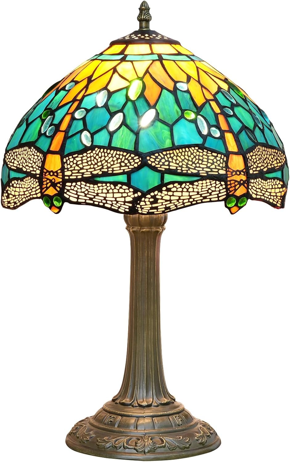 Tiffany Lamp Green Dragonfly Style Stained Glass Lamps Teal Bedroom Bedside Table Lamp for Dorm Office Art Craft Antique Decor Accent Aesthetic Nightstand Retro Metal Reading Lamps 12 inch