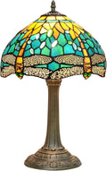 Tiffany Lamp Green Dragonfly Style Stained Glass Lamps Teal Bedroom Bedside Table Lamp for Dorm Office Art Craft Antique Decor Accent Aesthetic Nightstand Retro Metal Reading Lamps 12 inch