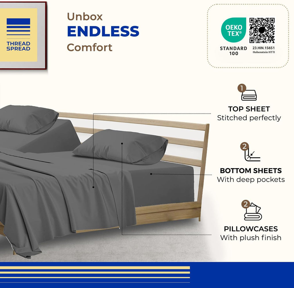 THREAD SPREAD Split King Sheet Set, Luxury 1000 Series Paradise Collection 100% Egyptian Cotton Split King Sheets Sets for Adjustable Bed (5 PC, Dark Grey), Soft, 16' Deep Pocket Hotel Sheets