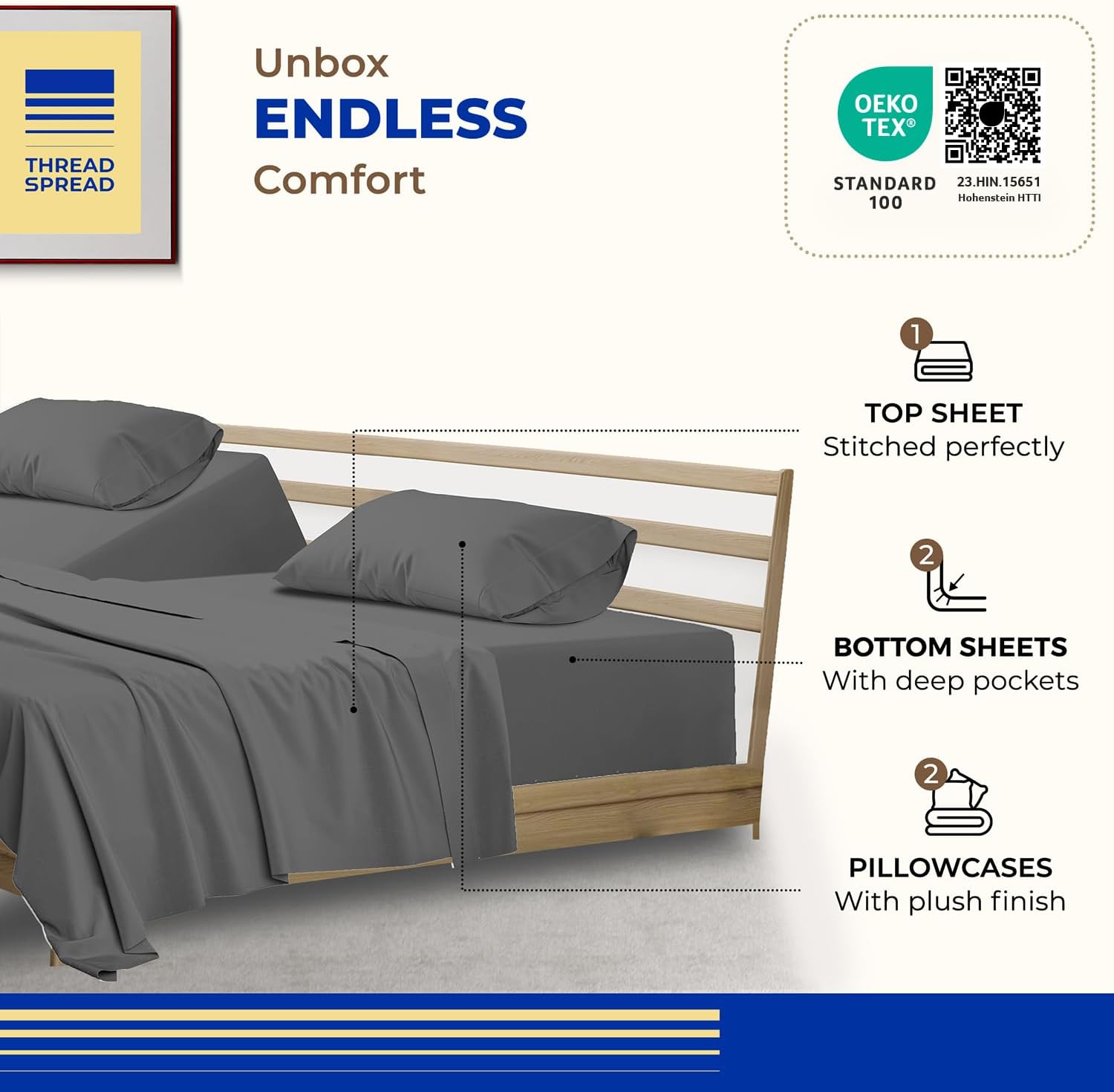 THREAD SPREAD Split King Sheet Set, Luxury 1000 Series Paradise Collection 100% Egyptian Cotton Split King Sheets Sets for Adjustable Bed (5 PC, Dark Grey), Soft, 16' Deep Pocket Hotel Sheets