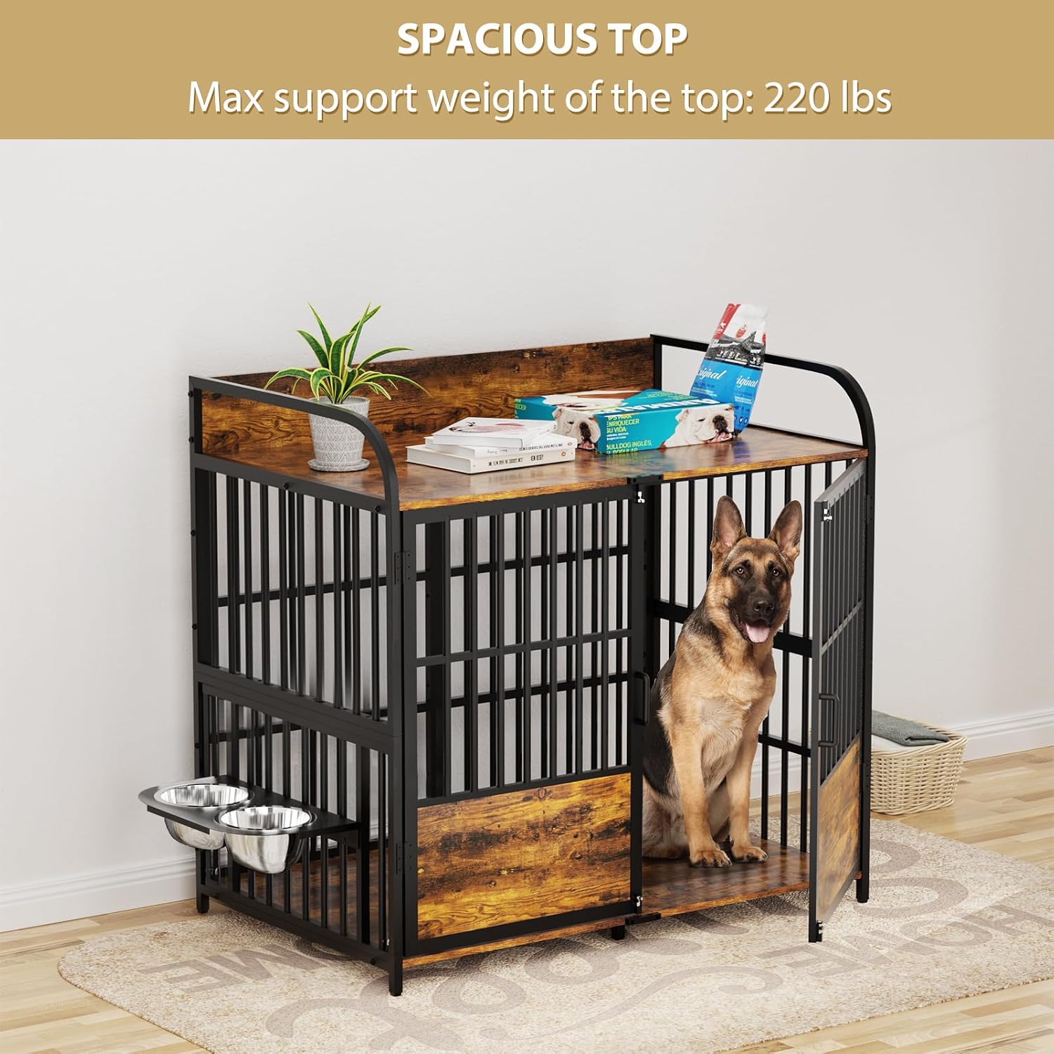 BEURUKU XL Dog Crate Furniture, Large Dog Kennel Indoor with 2 Adjustable Bowls, Heavy Duty Dog Crate for Large Dogs 48 Inch, Wooden Dog Cage Brown, 48' L X 30' W X 45' H