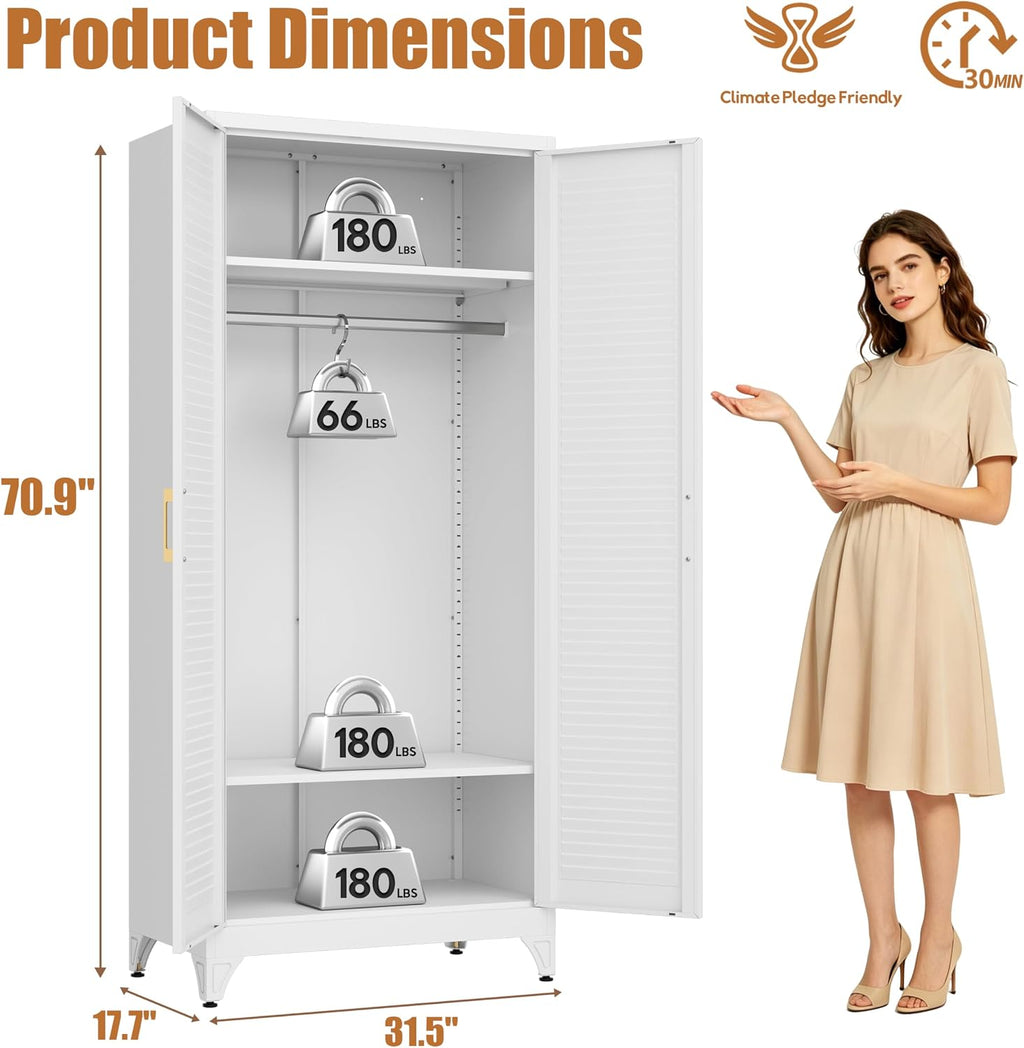 Armoire Wardrobe Closet, 71' Tall Metal Storage Cabinet with Louvered Doors and Adjustable Shelves, Clothes Wardrobe Cabinet with Hanging Rod, White Armoire, Steel Closet for Bedroom, Office
