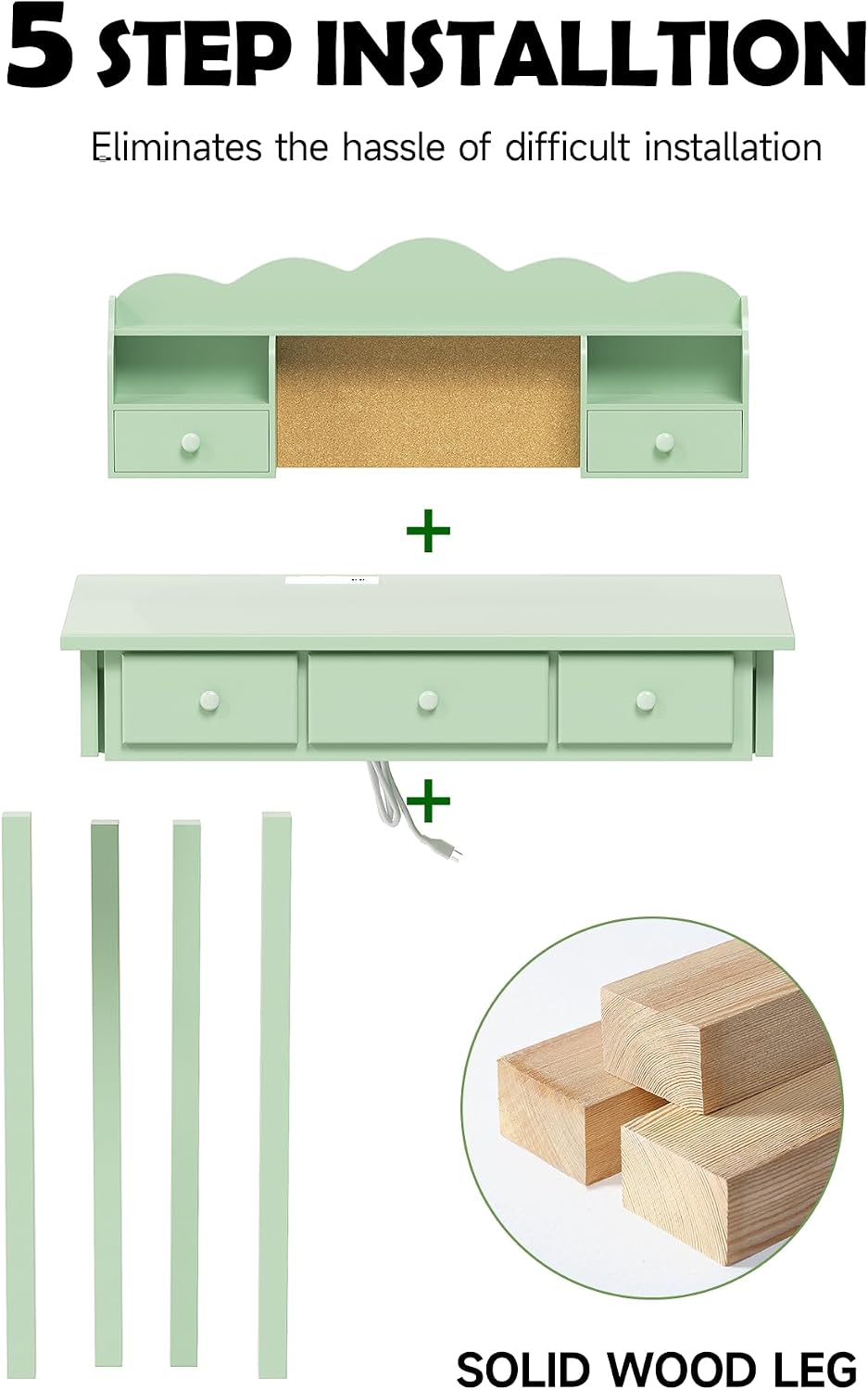FUNKOCO Home Office Furniture Writing Desk, 36 Inch Computer Work Station with Detachable Hutch for Small Place, 5 Drawers(Candy Green)