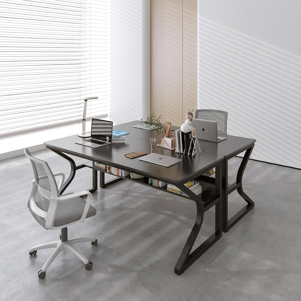 OSCHF Extra Long Desk with Bookshelf - 55' Double Long Writing Table for 2-Person Workstation, Modern Study Work Computer Desk for Home and Office, Black