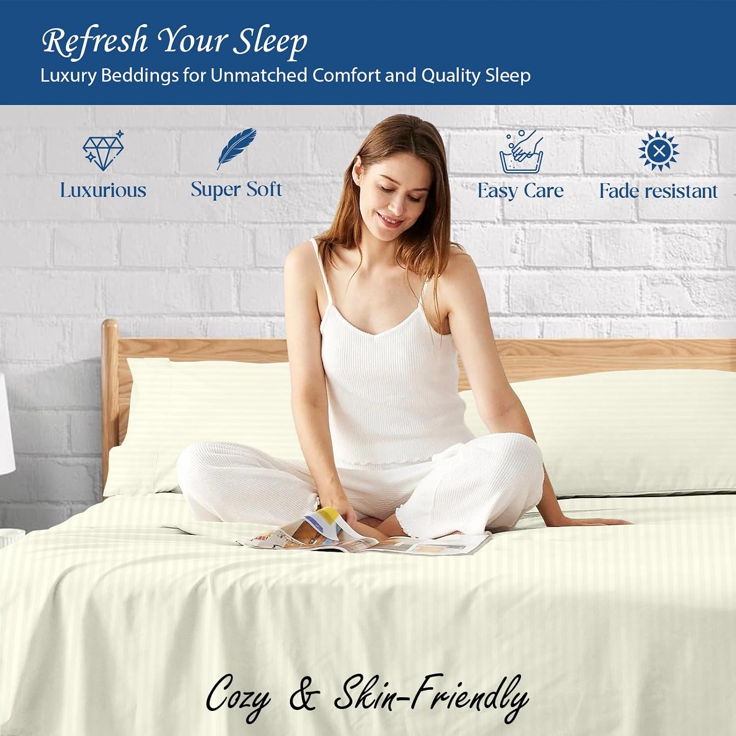 1000 Series- Extra Long Staple 100% Egyptian Cotton Sheet Set,Sateen Weave, Hotel Quality Soft Luxury Bedding, Queen Size 4 Piece Sheet Set Fit 15' Inch to 18' Deep Stripe Ivory